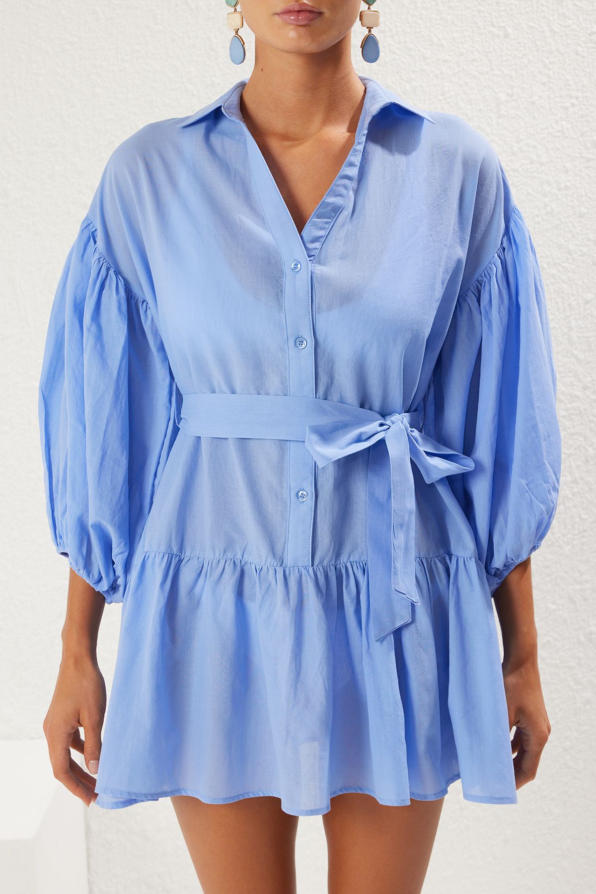 Trendyol Collection-Μπλε Μίνι υφαντό 100% βαμβακερό μπαλόνι μανίκι φόρεμα παραλίας TBESS25EL00034 3