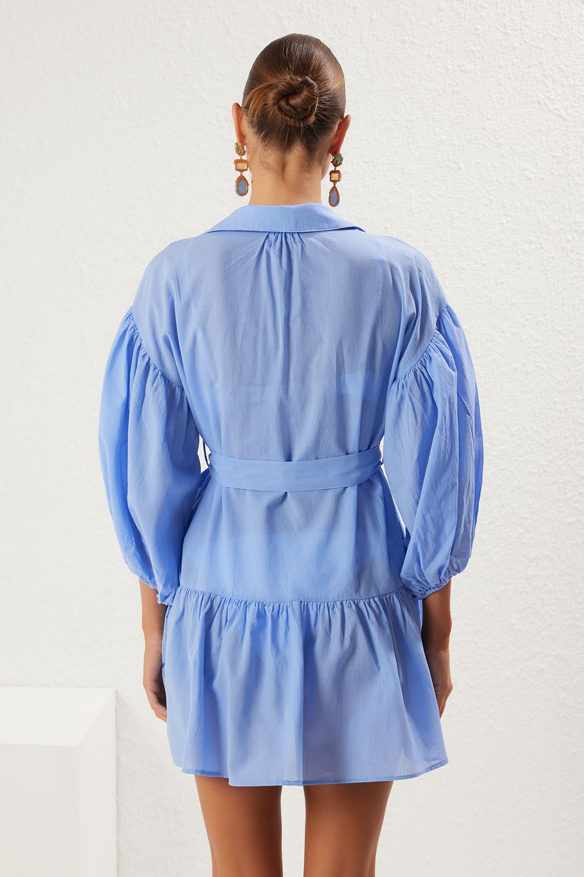 Trendyol Collection-Μπλε Μίνι υφαντό 100% βαμβακερό μπαλόνι μανίκι φόρεμα παραλίας TBESS25EL00034 5