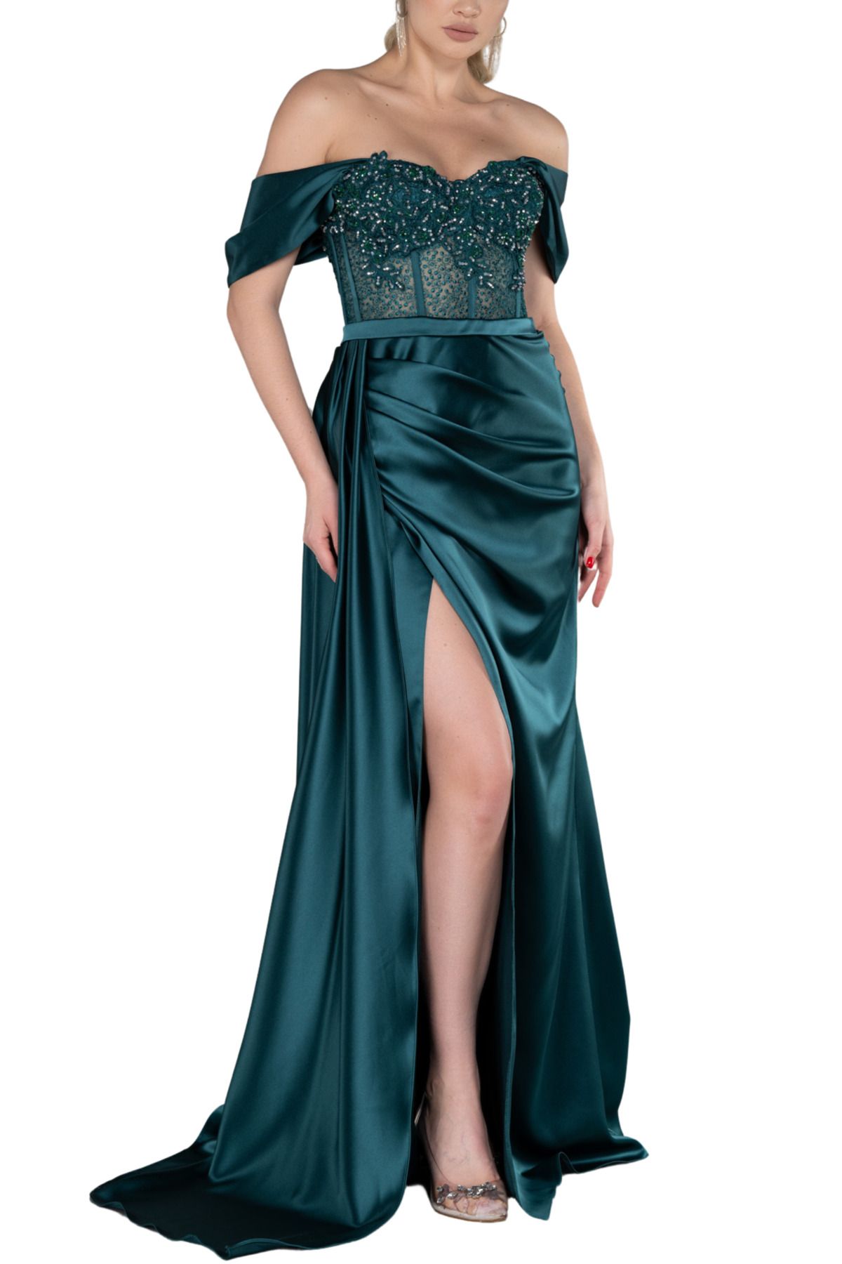 Arden-Emerald Satin Long Evening Dress with Madonna Neckline and Slit, Wedding/Engagement/Homecoming Dress, 38-44 1