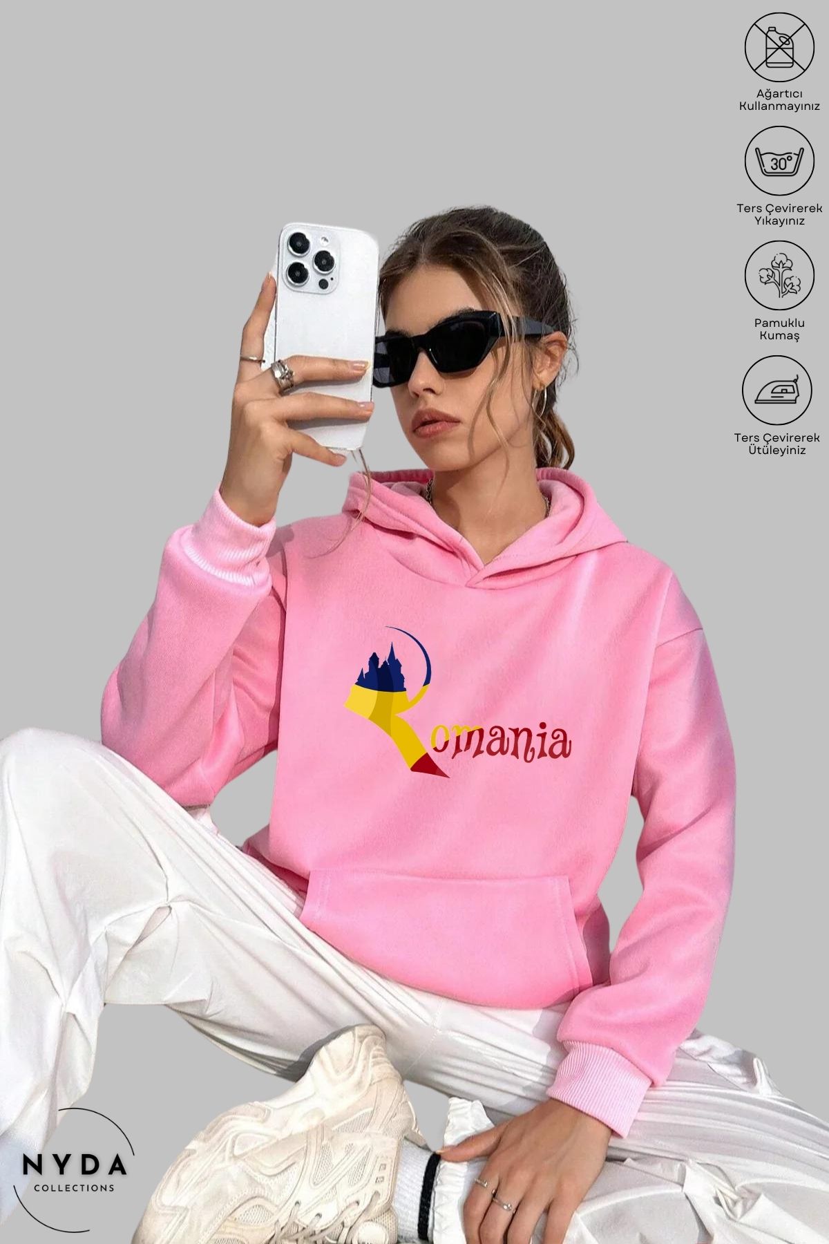 Nyda Collections Unisex Hoodie Uzun Kollu Romania Baskılı Kapüşonlu Şardonlu Oversize Pamuk Sweatshirt