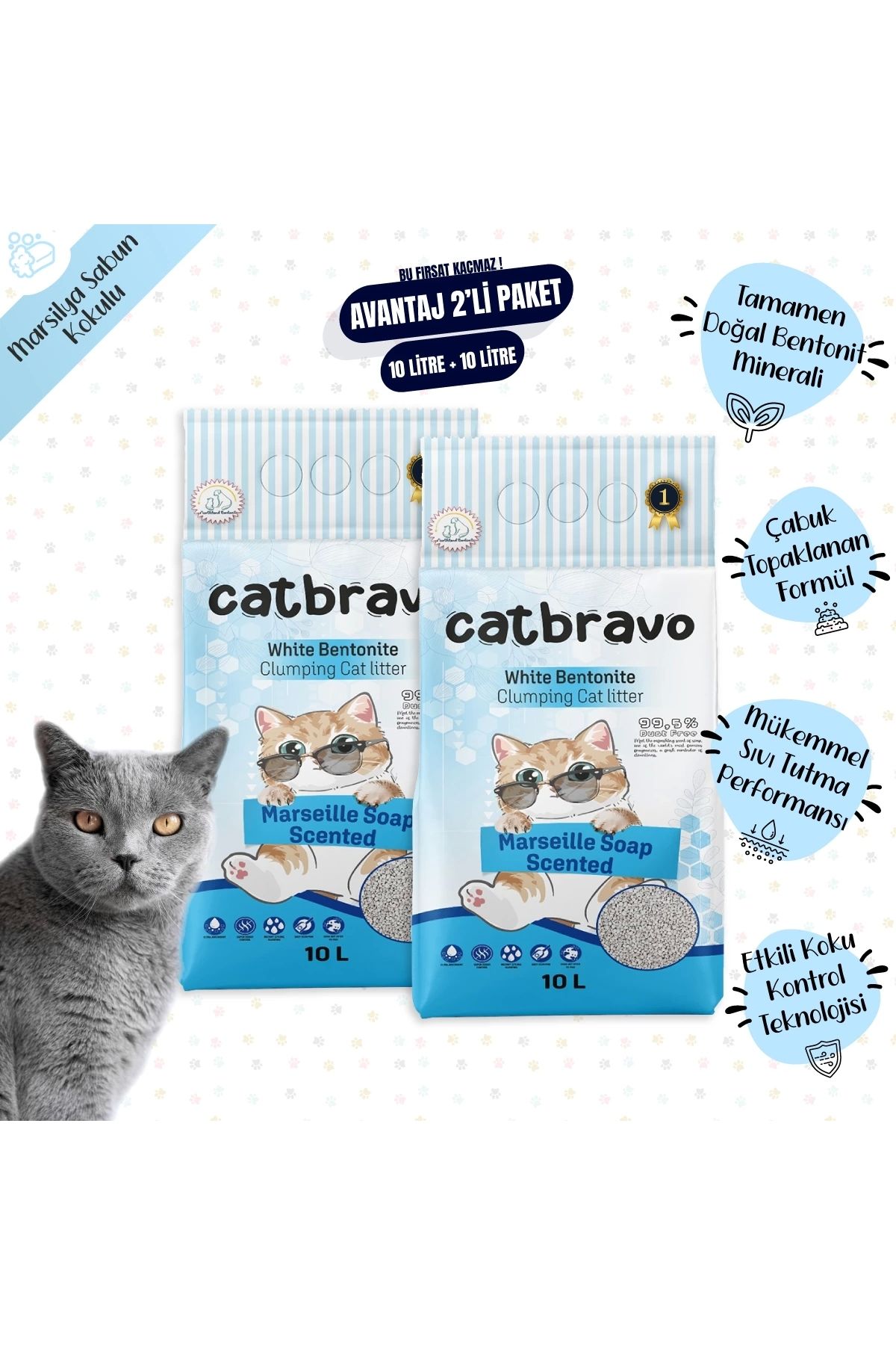 Catbravo Aktif Topaklanan Marsilya Sabunuı Kokulu Kedi Kumu 10 Lt X 2 Adet