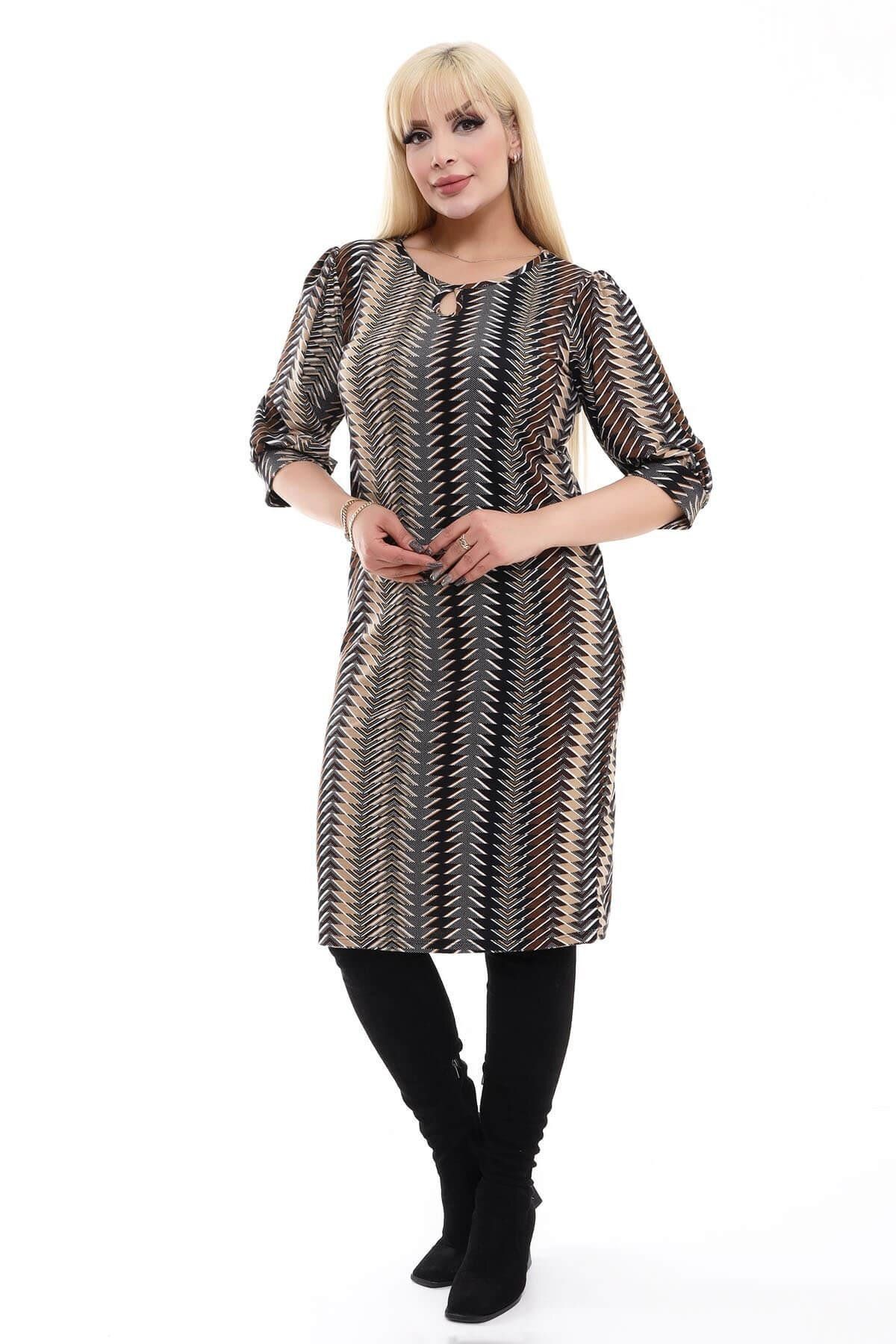 Mooi XXL-Rochie de damă, maro, bej, cu model etnic, guler căzut, mânecă cu balon, rochie supradimensionată din piele intoarsa elastica 2
