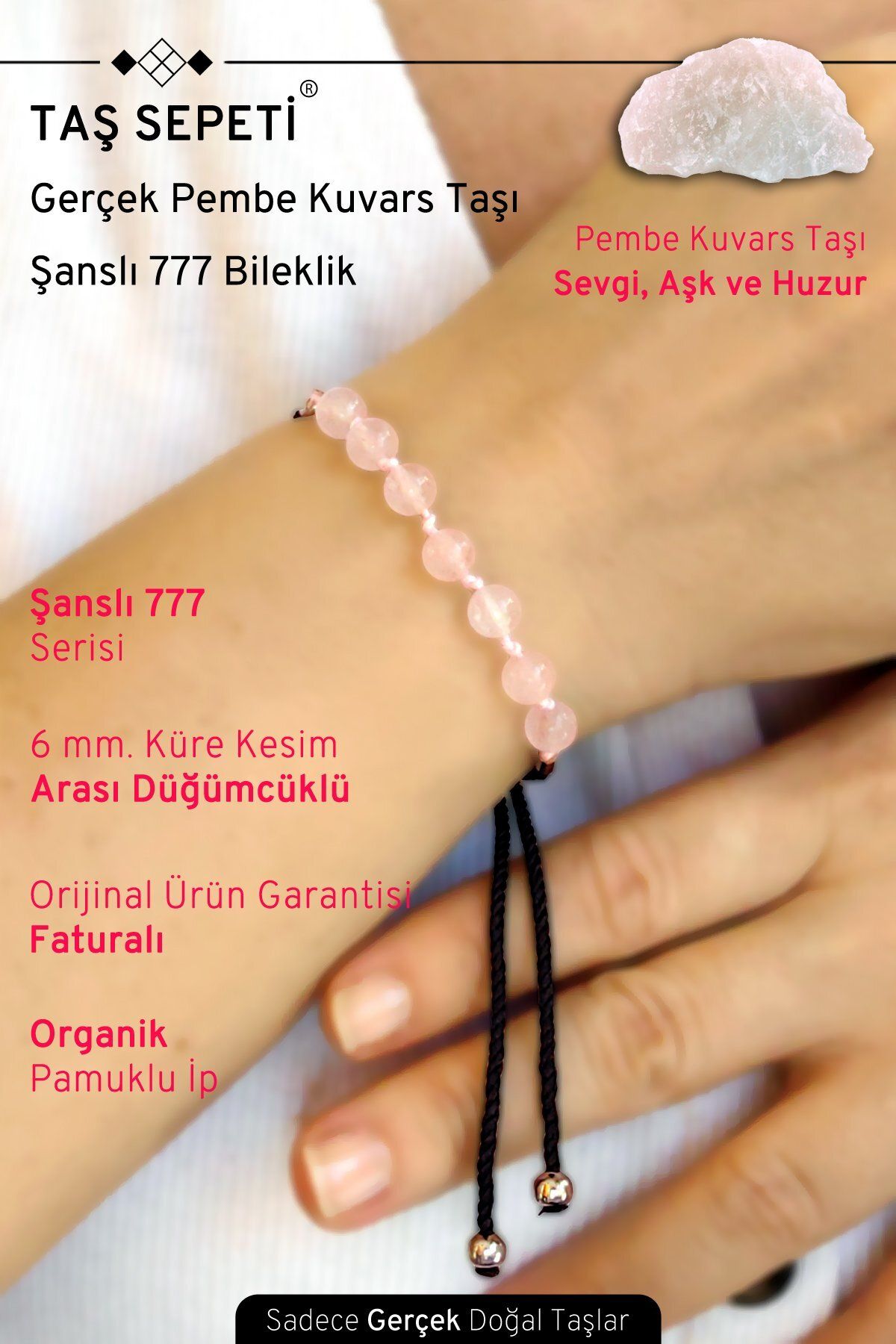 TAŞ SEPETİ 777 Şanslı Serisi Gerçek Pembe Kuvars Doğal Taşı Unisex Şans Bilekliği