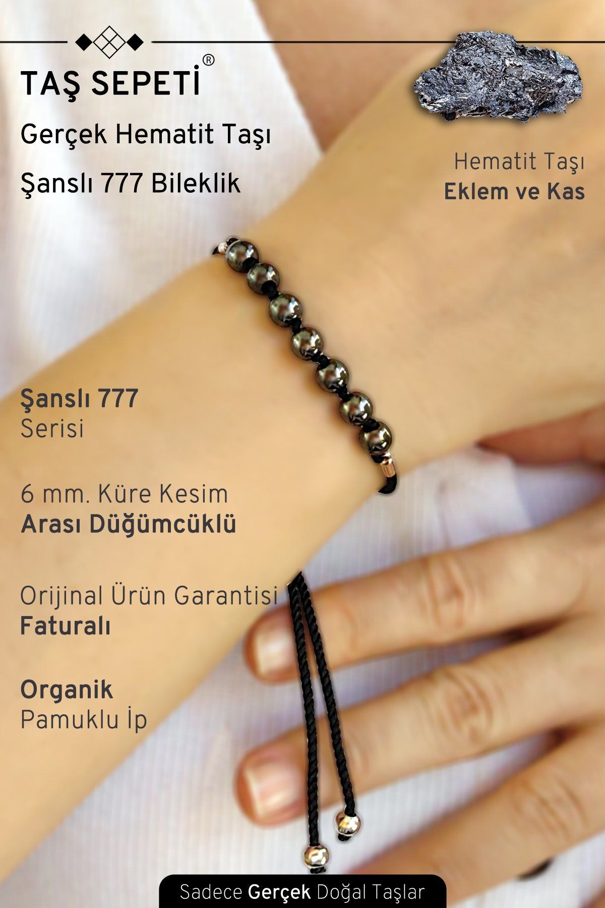 TAŞ SEPETİ 777 Şanslı Serisi Gerçek Hematit Doğal Taşı Unisex Şans Bilekliği