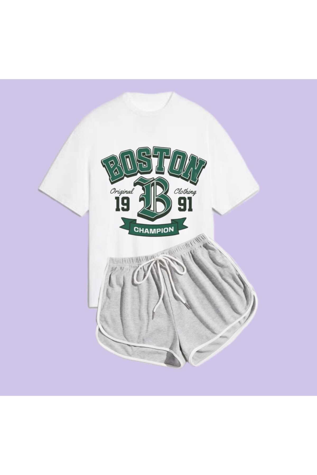 Elvino Boston Baskılı İkili Pinterest Biyeli Şort Tshirt Takım