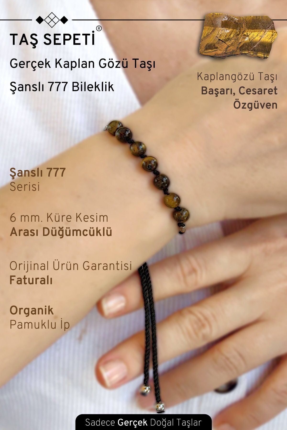 TAŞ SEPETİ 777 Şanslı Serisi Gerçek Kaplan Gözü Doğal Taşı Unisex Şans Bilekliği