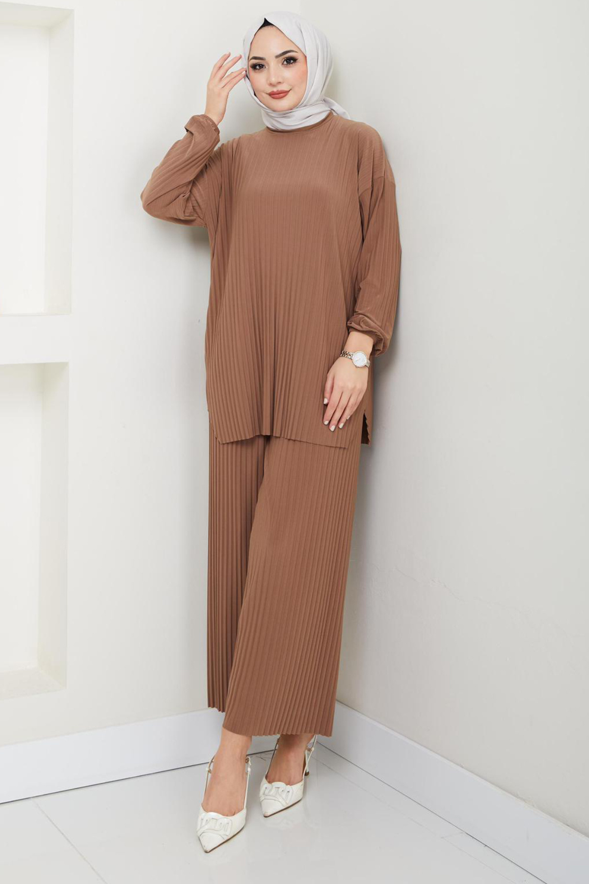 Bold Grup-Women's Sandy Full Pleated Loose Tunic Pants Hijab Double Set 2