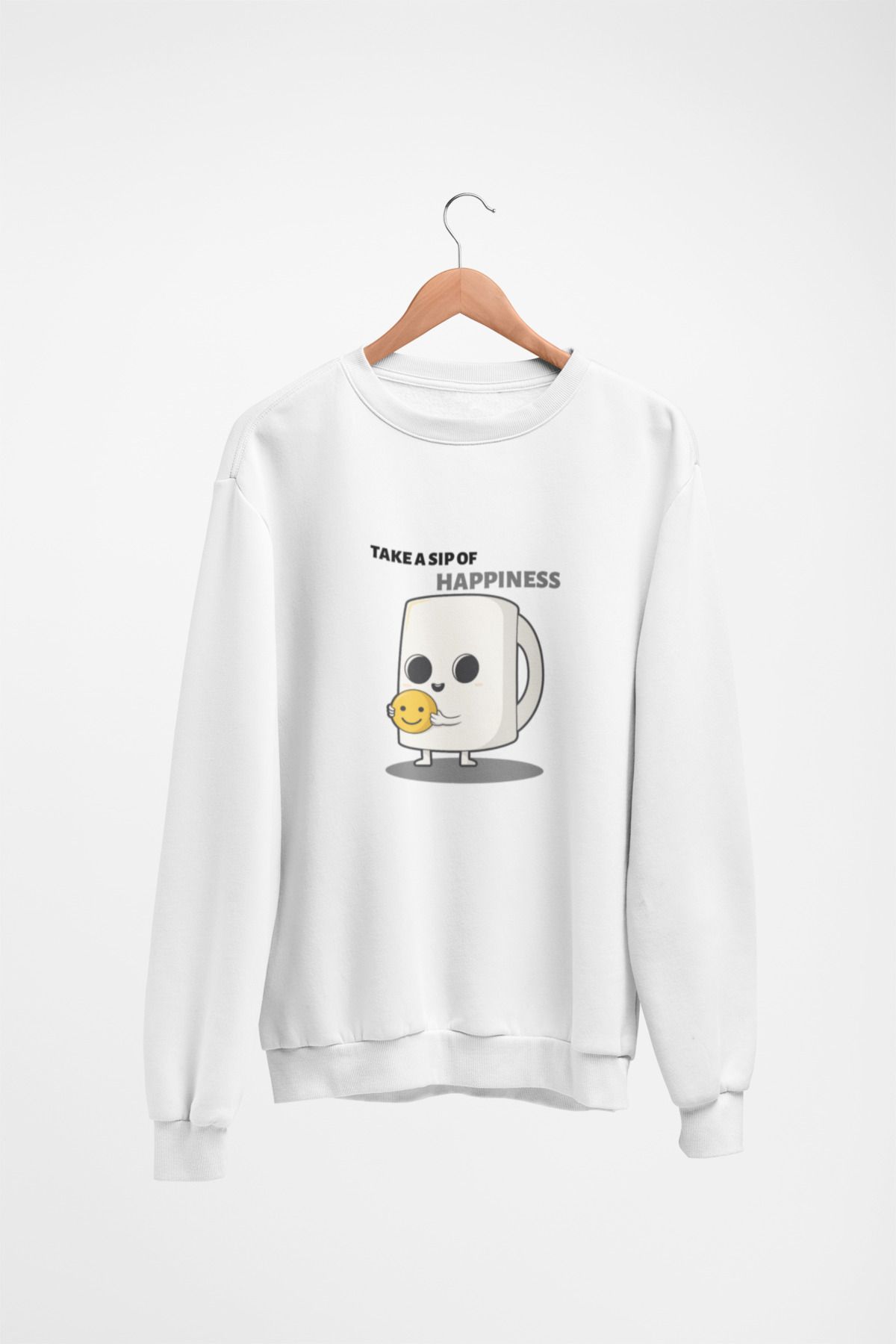 Butik Unisex Uzun Kol HAPPINESS Transfer Baskılı Bisiklet Yakalı Sweatshirt