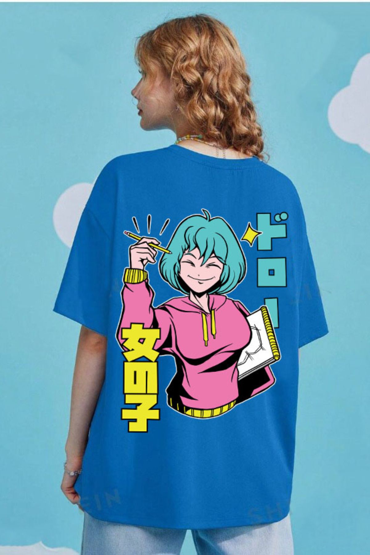 FECCY Pamuklu Anime Girl Baskılı Oversize T-shirt