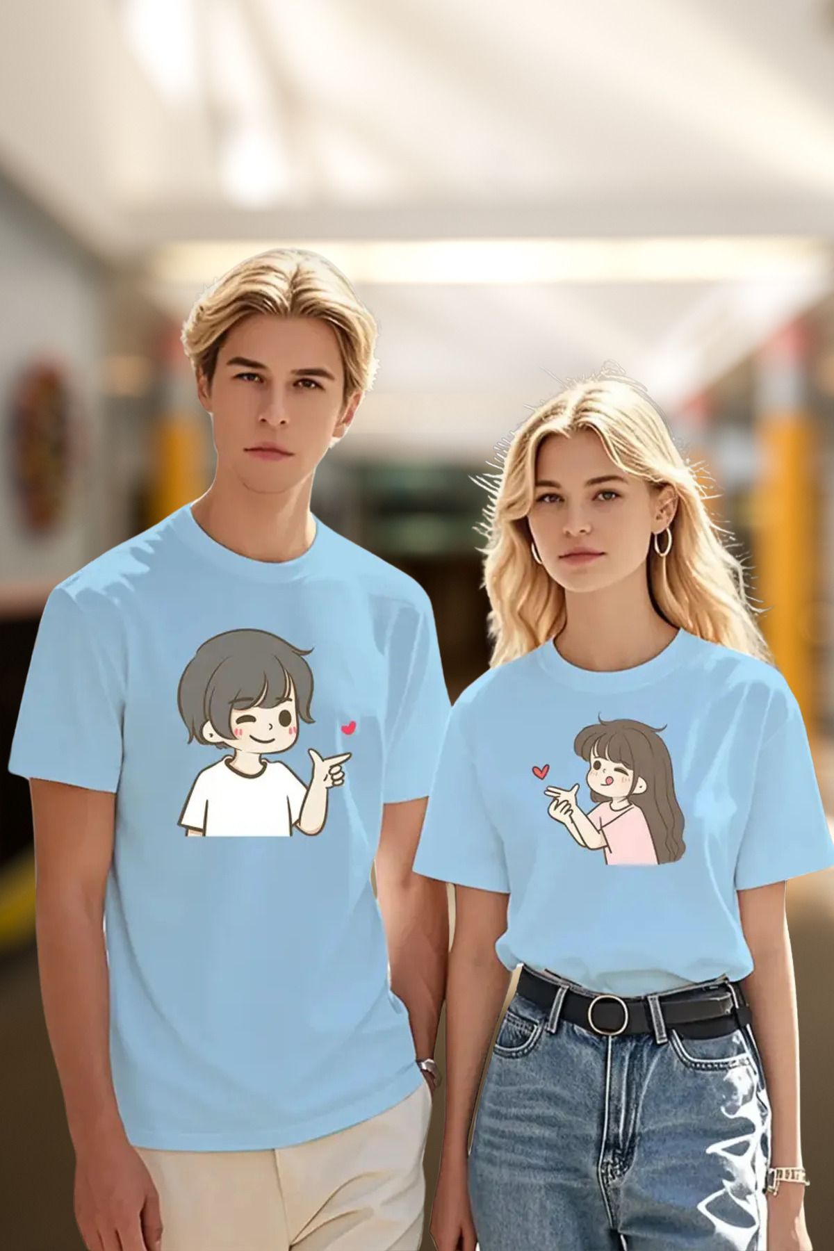 FECCY Pamuklu Anime Tasarım Sevgili Çift Kombini Unisex T- Shirt