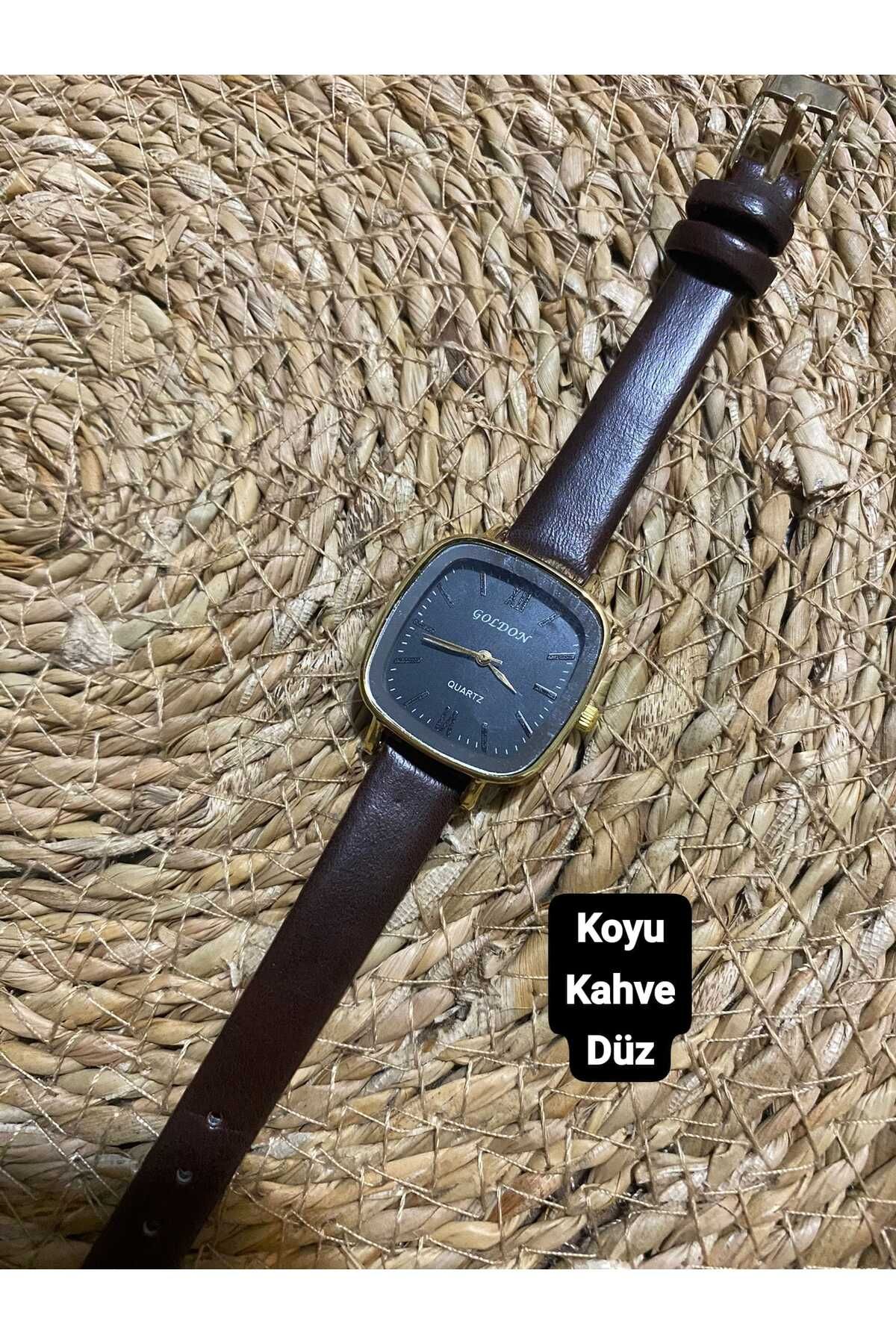 Brality Yeni Moda Vintage Oval Kare Kadın Kol Saati-Gold Kasa-Siyah Kadran-Koyu Kahve Düz Kordon-0087