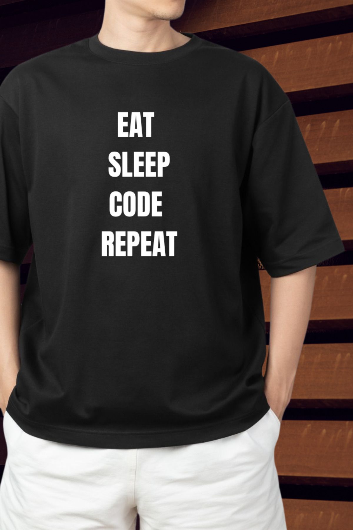 FECCY Pamuklu Eat Sleep Code Repeat Baskılı Oversize T-shirt