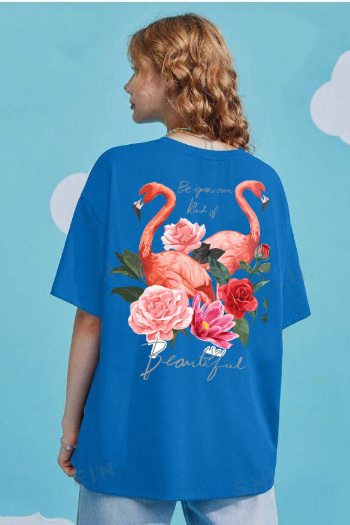 Wish BF Flamingo Flowers Baskılı Oversize T-shirt