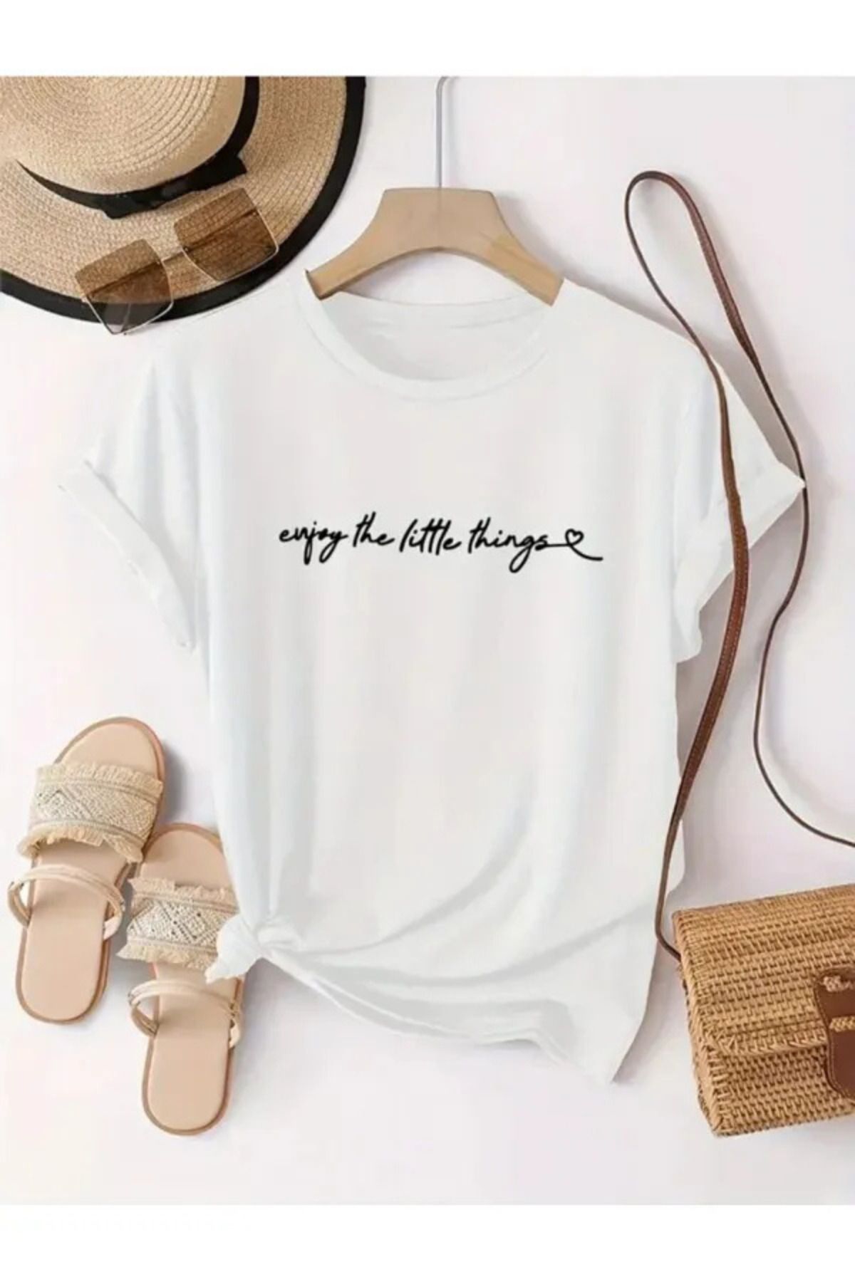 FECCY Pamuklu Enjoy the Little Things Baskılı Oversize T-shirt