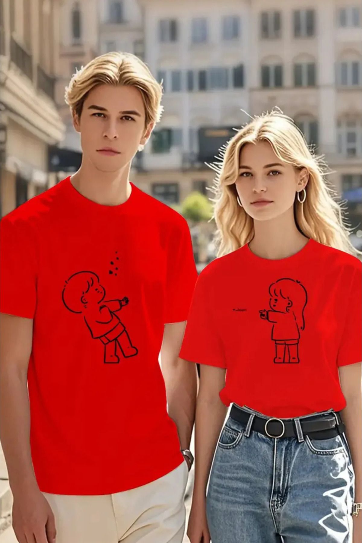 Wish BF Karikatür Boom Baskılı Sevgili Çift Kombini Oversize T-Shirt 2'li Set