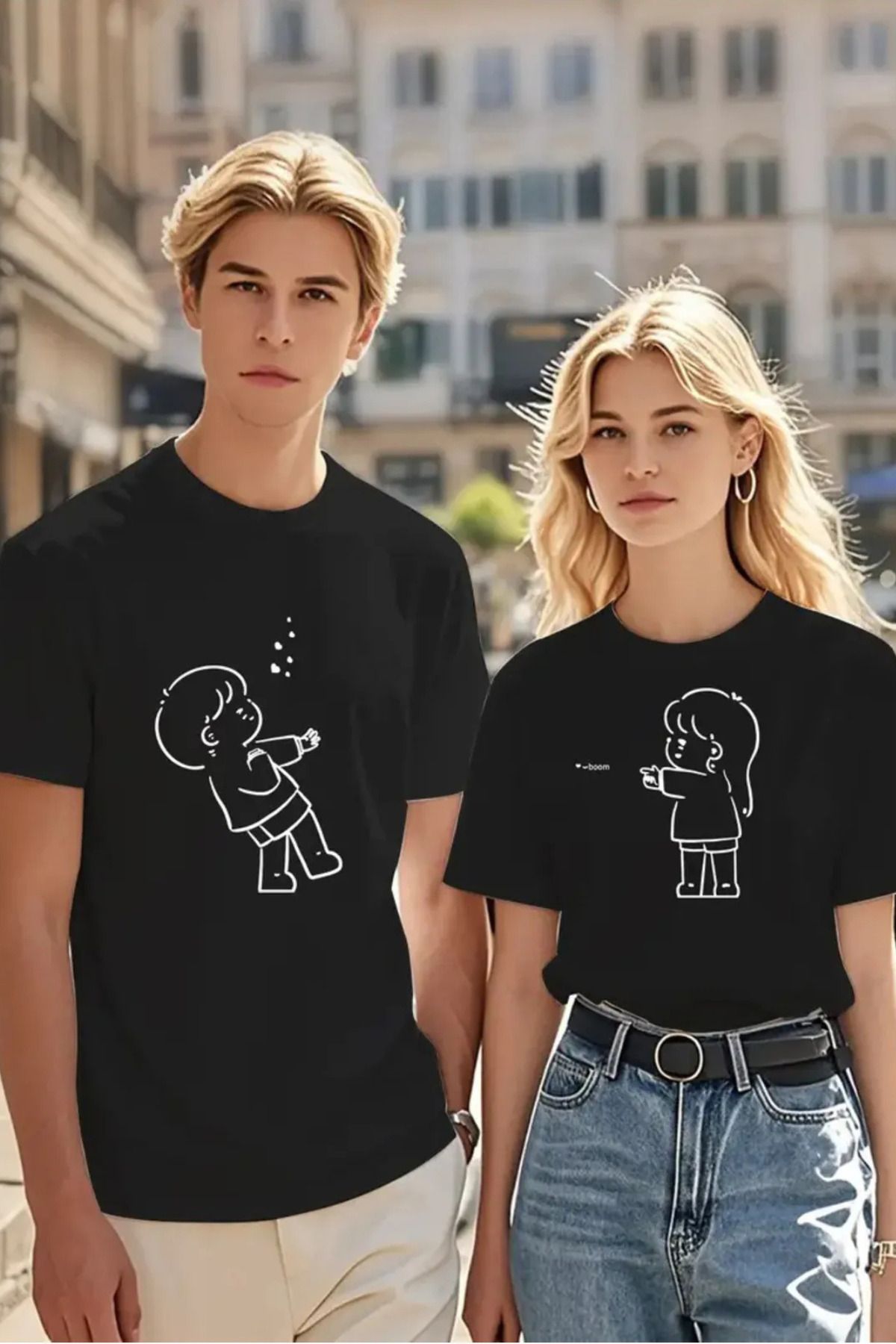 FECCY Pamuklu Karikatür Boom Baskılı Sevgili Çift Kombini Oversize T-Shirt 2'li Set