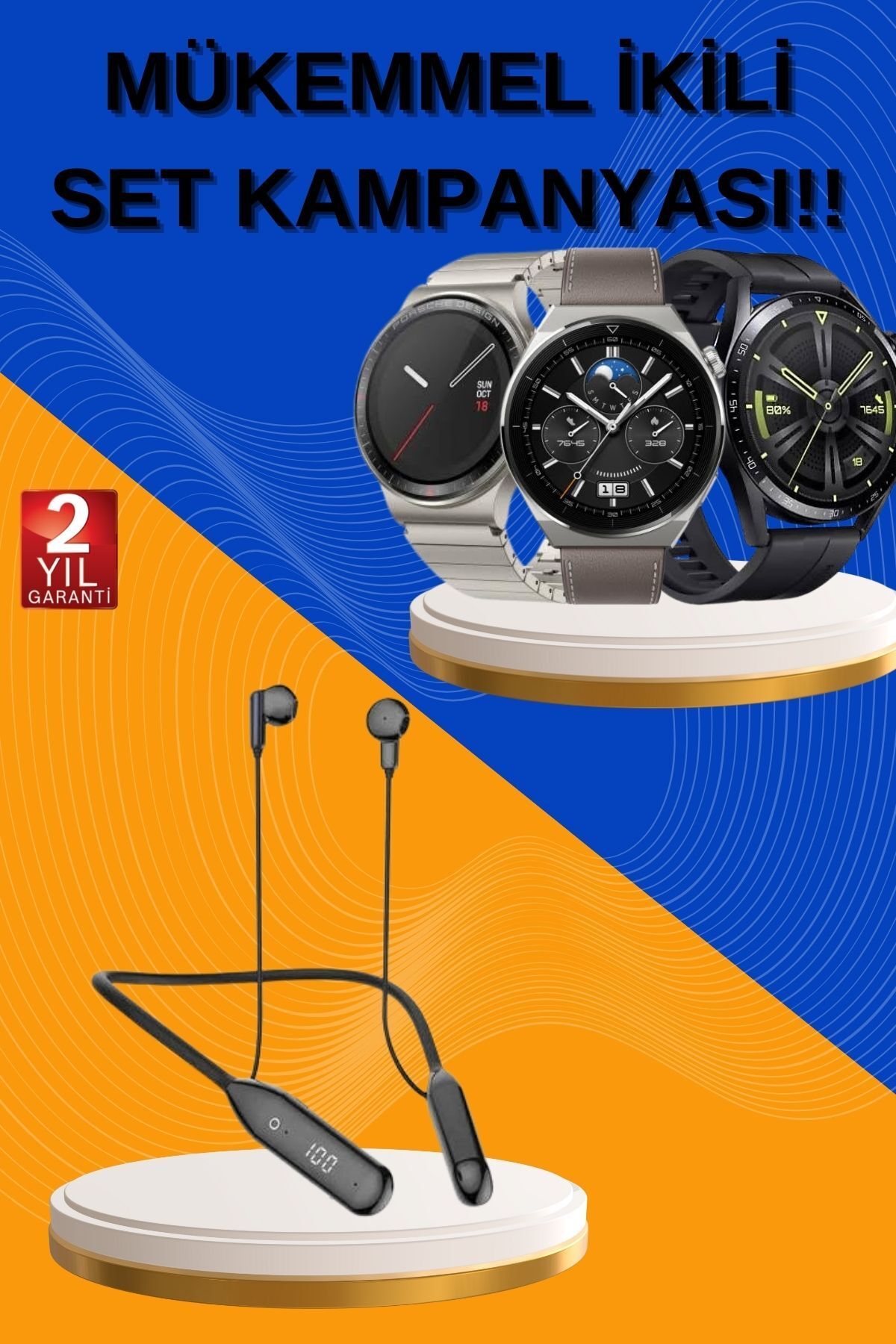 teknodayım Alarm ve Titreşim Özellikli Akıllı Saat ve Mikrofonlu Kablolu Bluetooth Kulaklık 60 Saat