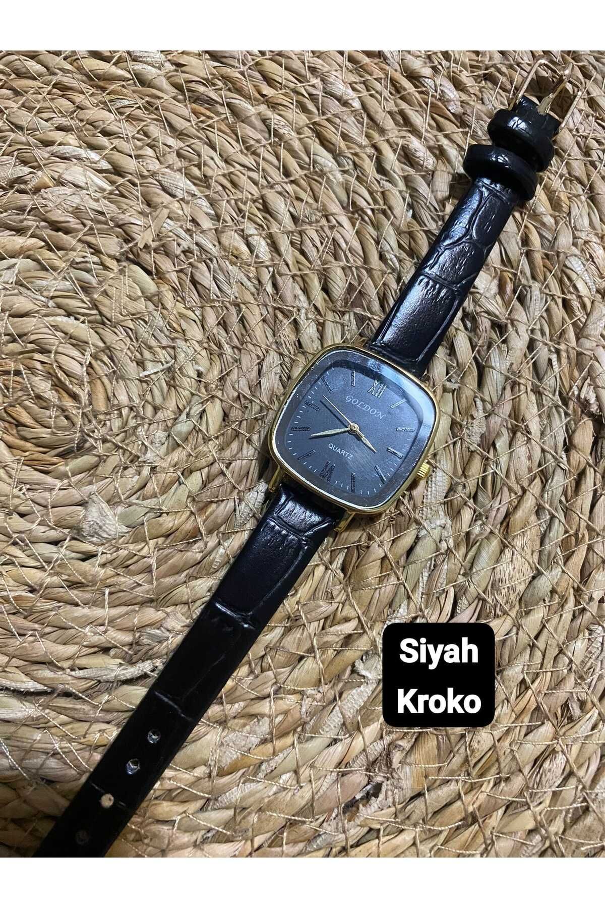 Brality Yeni Moda Vintage Oval Kare Kadın Kol Saati-Gold Kasa-Siyah Kadran-Siyah Kroko-0087