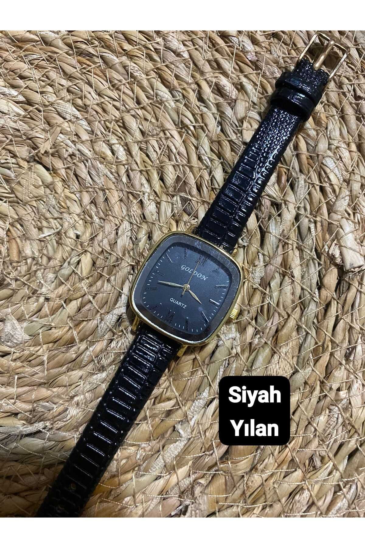 Brality Yeni Moda Vintage Oval Kare Kadın Kol Saati-Gold Kasa-Siyah Kadran-Siyah Yılan-0087