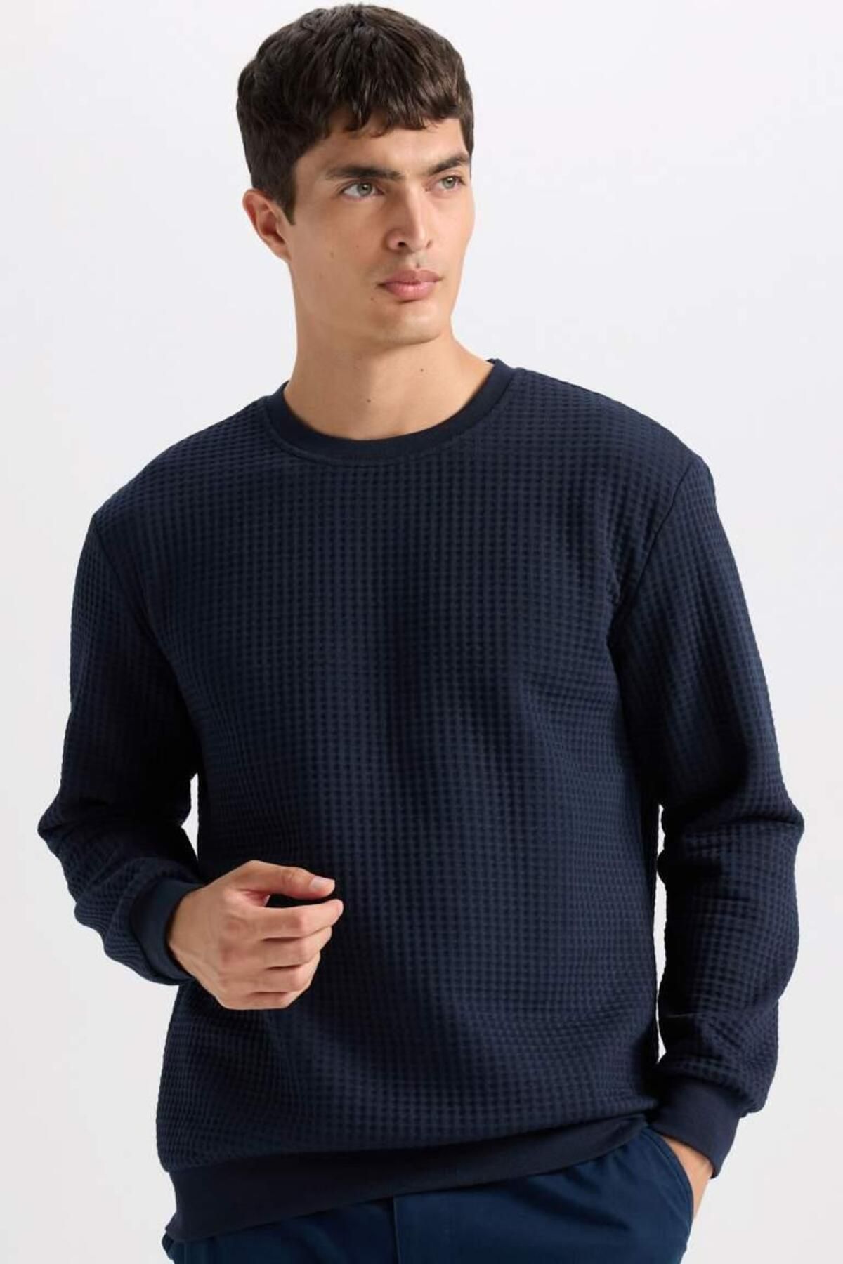 DeFacto Erkek Siyah Regular Fit Bisiklet Yaka Jakarlı Sweatshirts NAVY