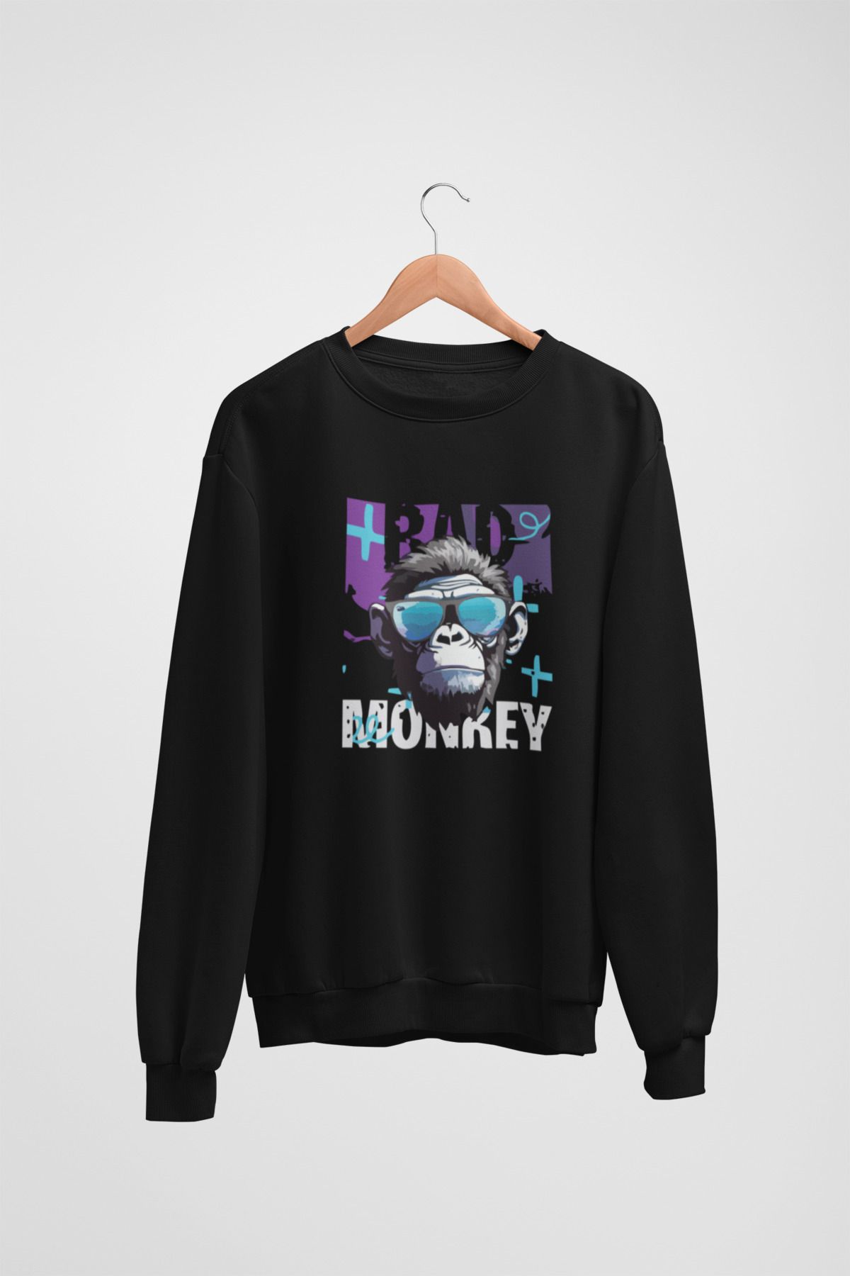 Butik Unisex Uzun Kol MONKEY Transfer Baskılı Bisiklet Yakalı Sweatshirt