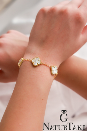 Naturtakı Kadın Altın Kaplama 925 Ayar Gümüş Yonca Bileklik Modeli-Beyaz Doğa...