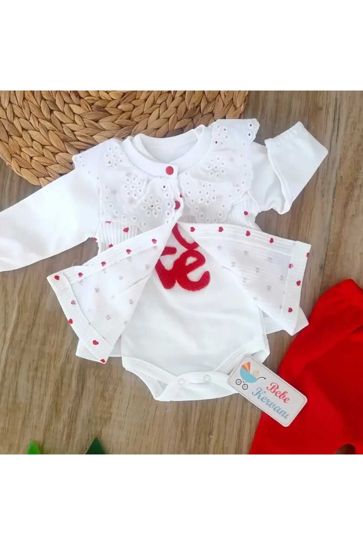 bebe kervanı Kalp Temalı %100 Pamuklu fistolu 3'lü Bebek Takımı BBK5978