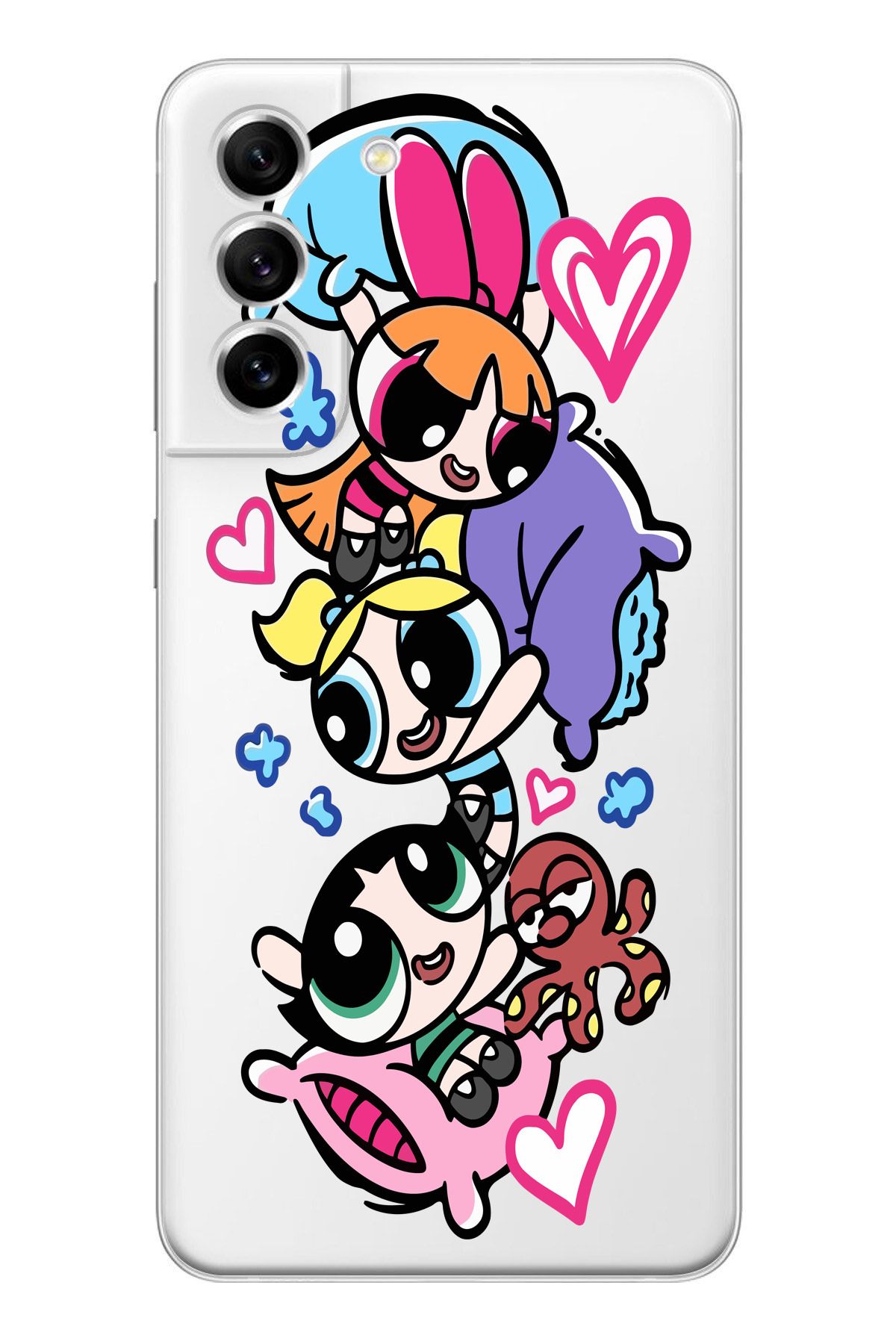 moonset Samsung Galaxy S22 Uyumlu Powerpuff Girls Tasarımlı Baskılı Şeffaf Telefon Kılıfı