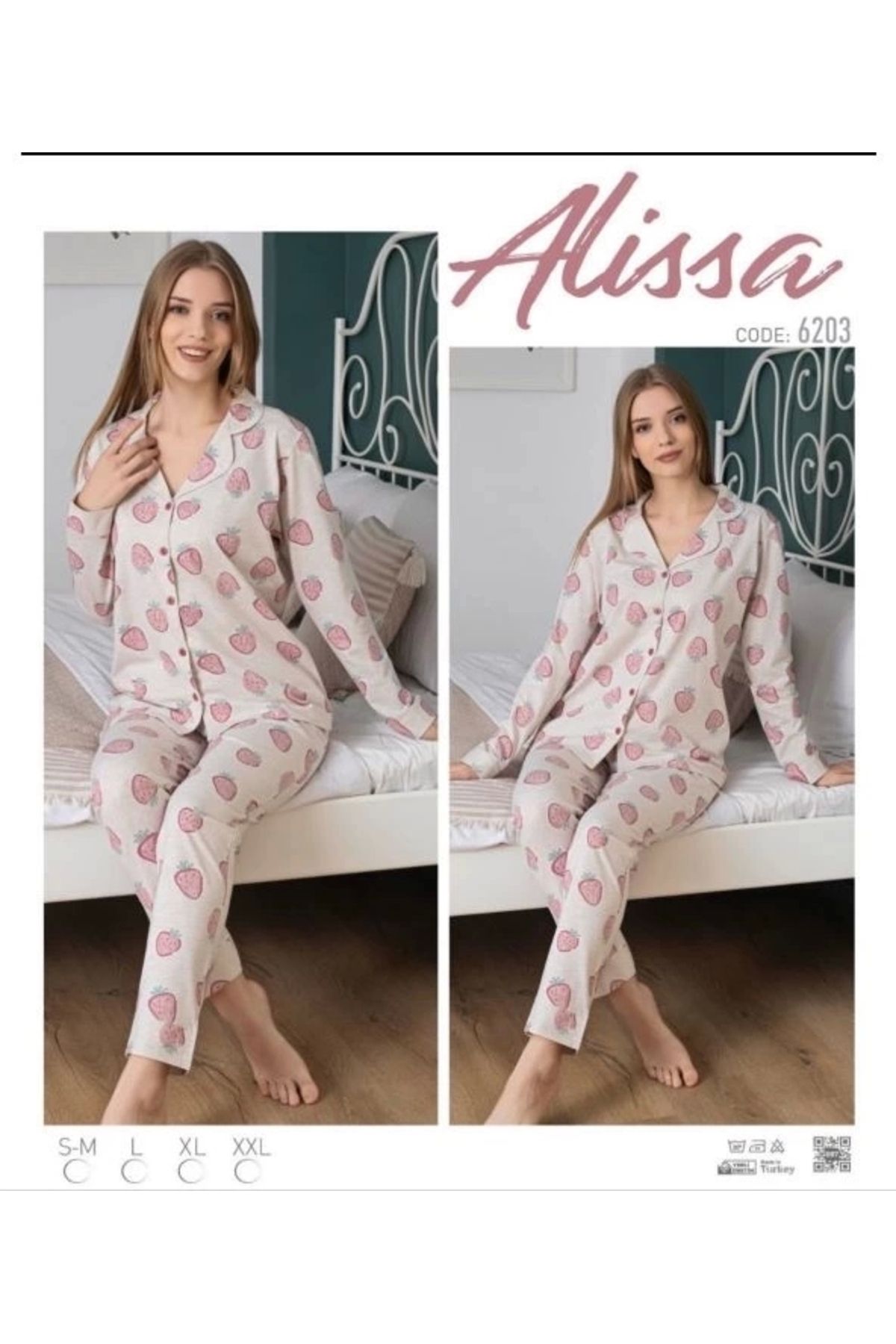 Moon wear Alissa 6203 Önü Düğmeli Çilek Desenli Uzun Kol  Pijama Takımı