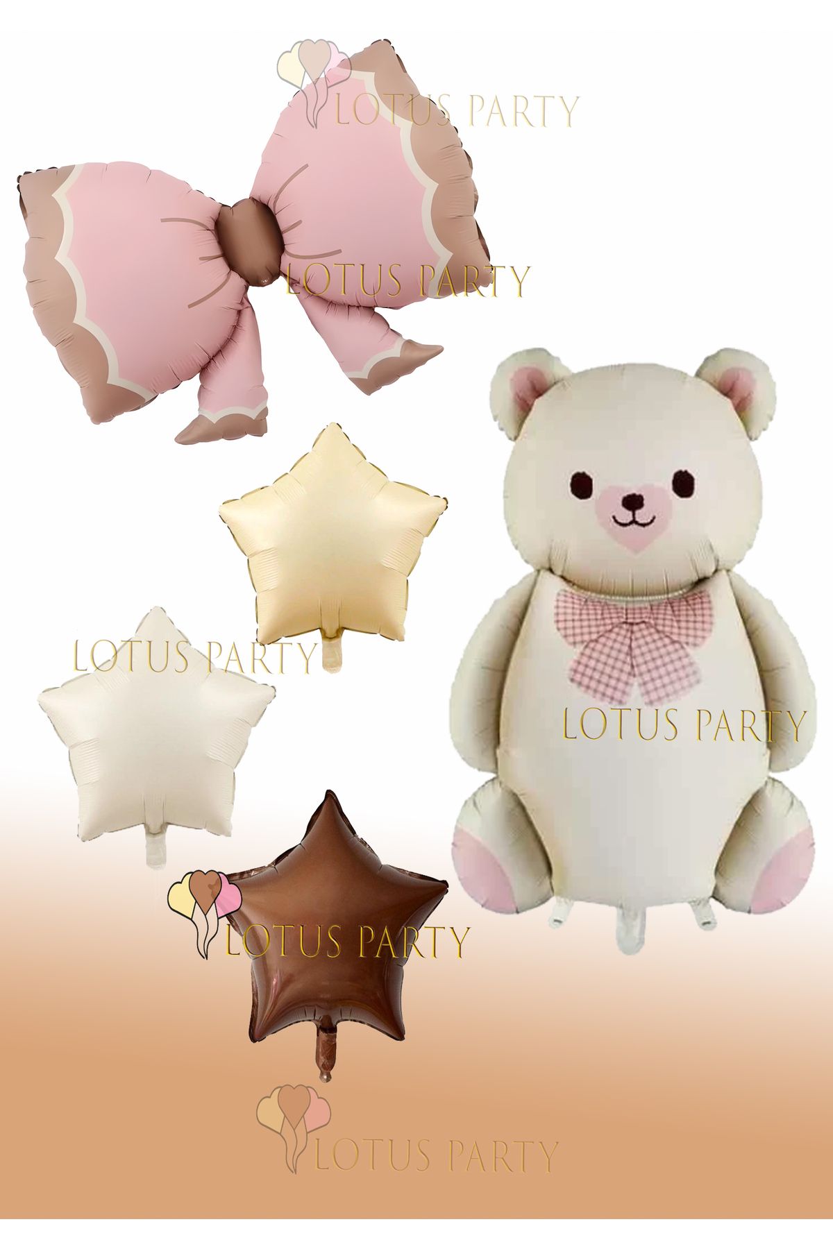 LOTUS PARTY-Retro Teddy Bear Set with Blue Bow - Caramel Color Bear Foil Balloon 3 Stars 1