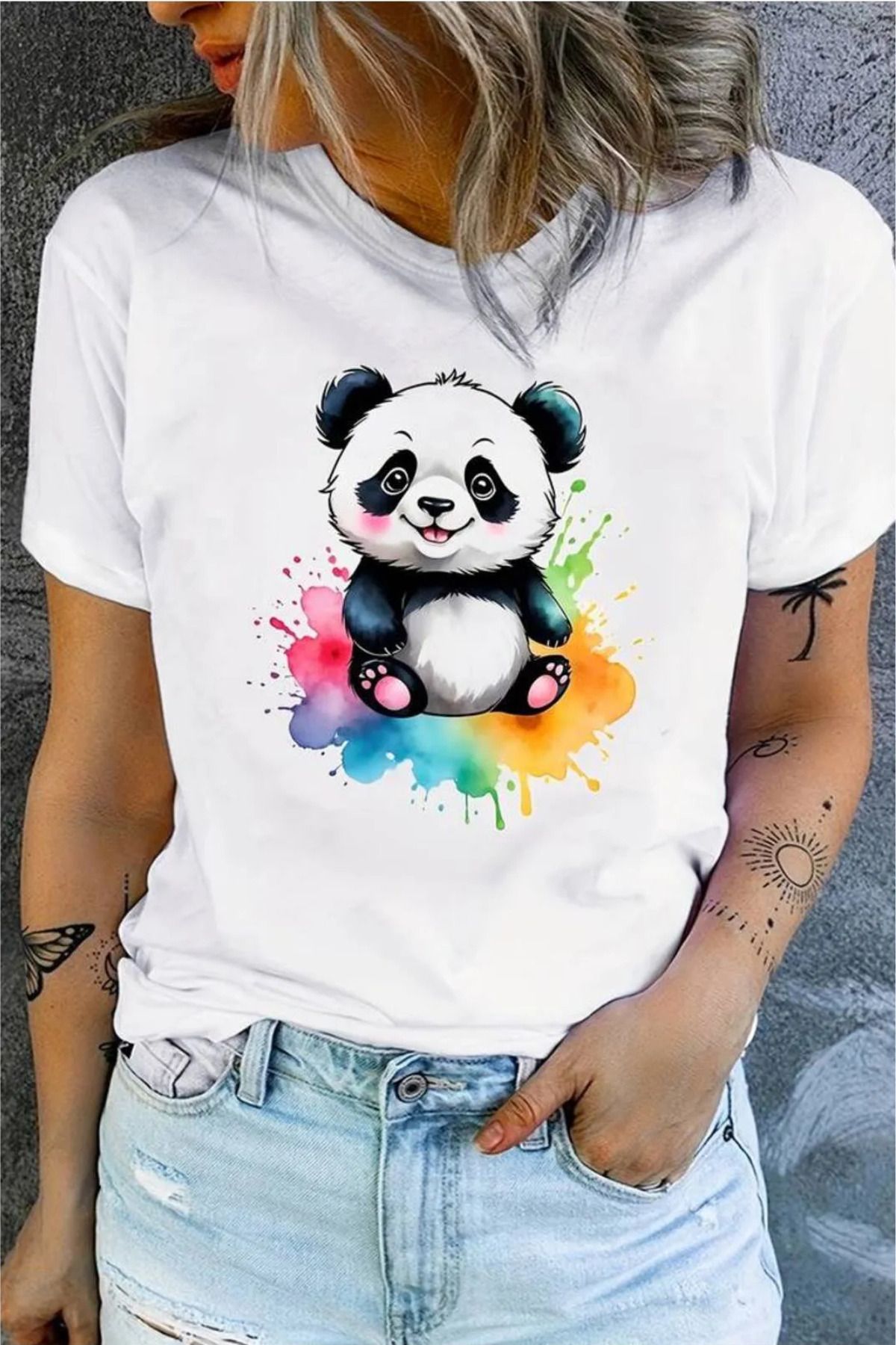 FECCY Pamuklu Sevimli Panda Baskılı Yaz T-shirtü