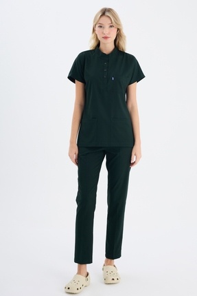 uçak iş giyim Avcı Yeşili PETRA Premium Likralı Kumaş Alt Üst Doktor Hemşire ...