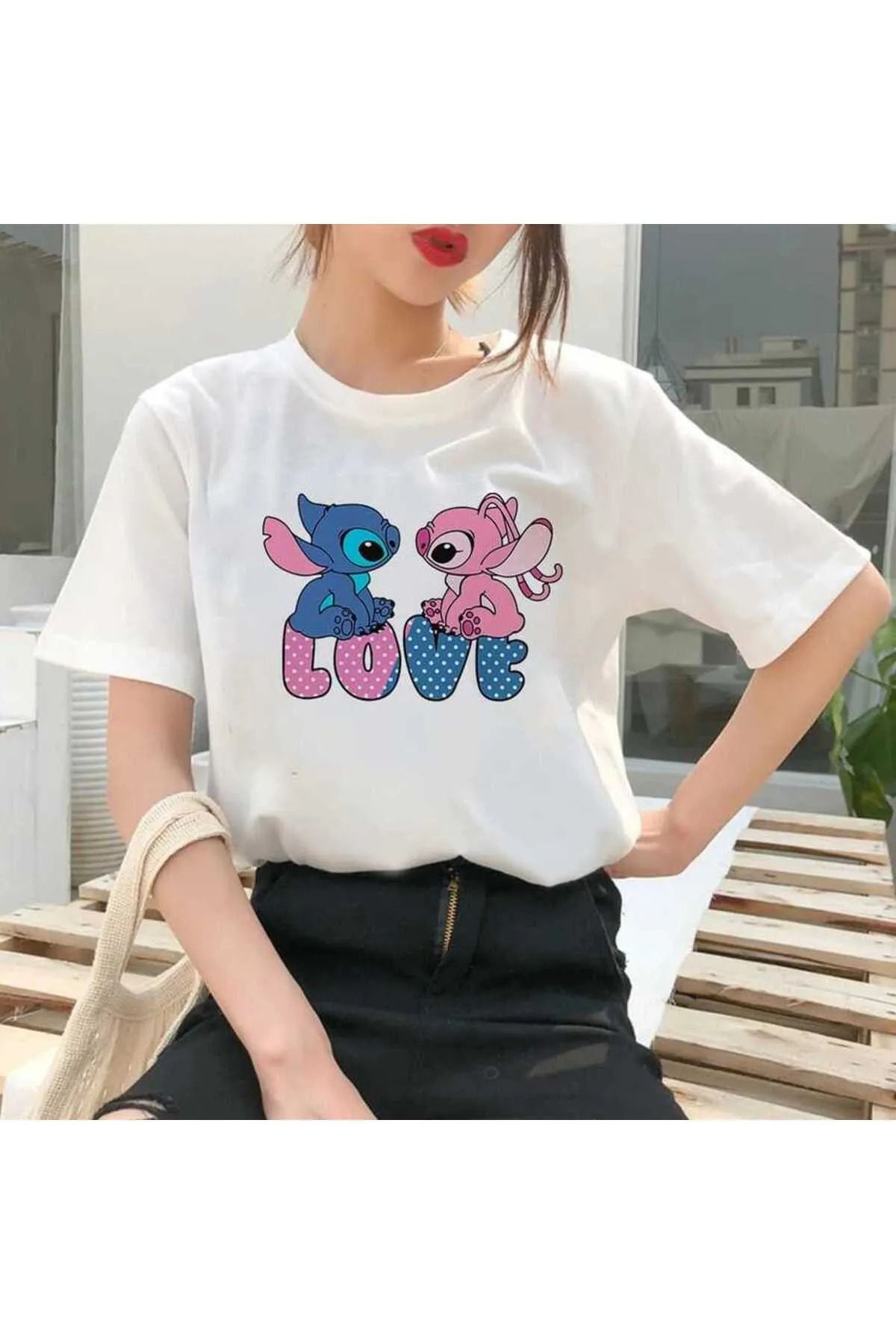 FECCY Pamuklu STIL-X SEVGİLİLER GÜNÜNE ÖZEL STITCH AND LILO BASKILI BİSİKLET YAKA OVERSIZE TSHIRT