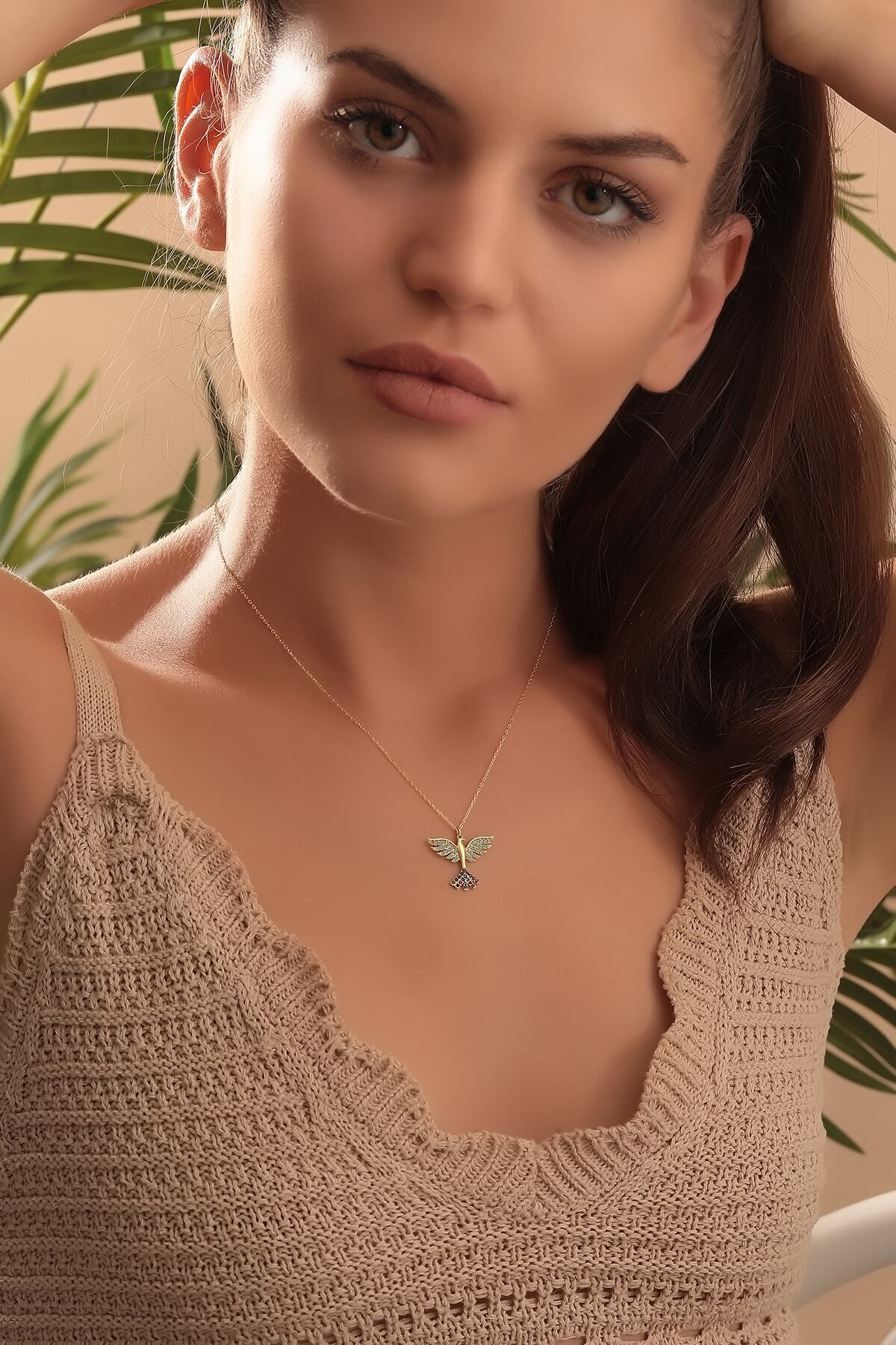 Bilsen Store 925 Ayar Gümüş Zincirli Altın Kaplama Nano Zirkon Taşlı Anka Kuşu görsel 3