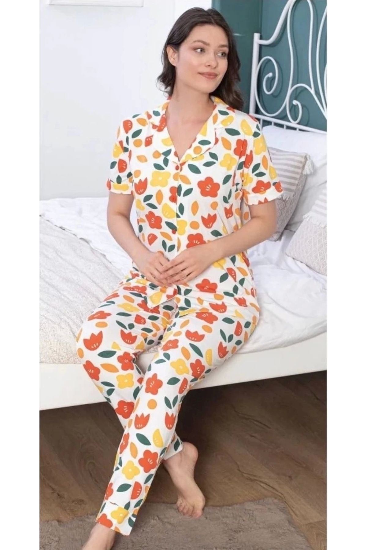 Moon wear Alissa 6138 Kadın Çiçek Desenli Patlı Pijama Takımı