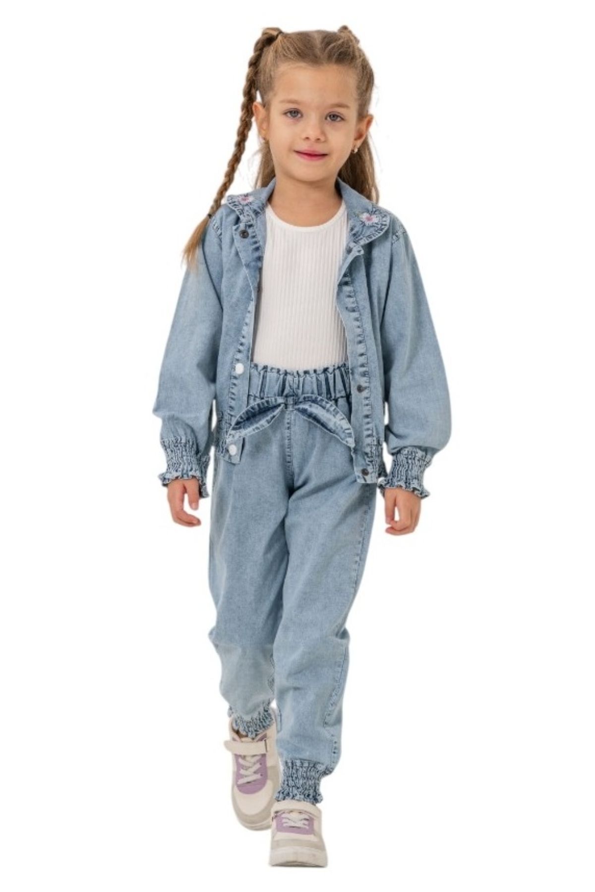 İrem Çocuk Giyim-Blue Color Triple Jeans Suit with Embroidered Snap Closure and Badi Denim Pants on the Collar of Girl's Jacket 1