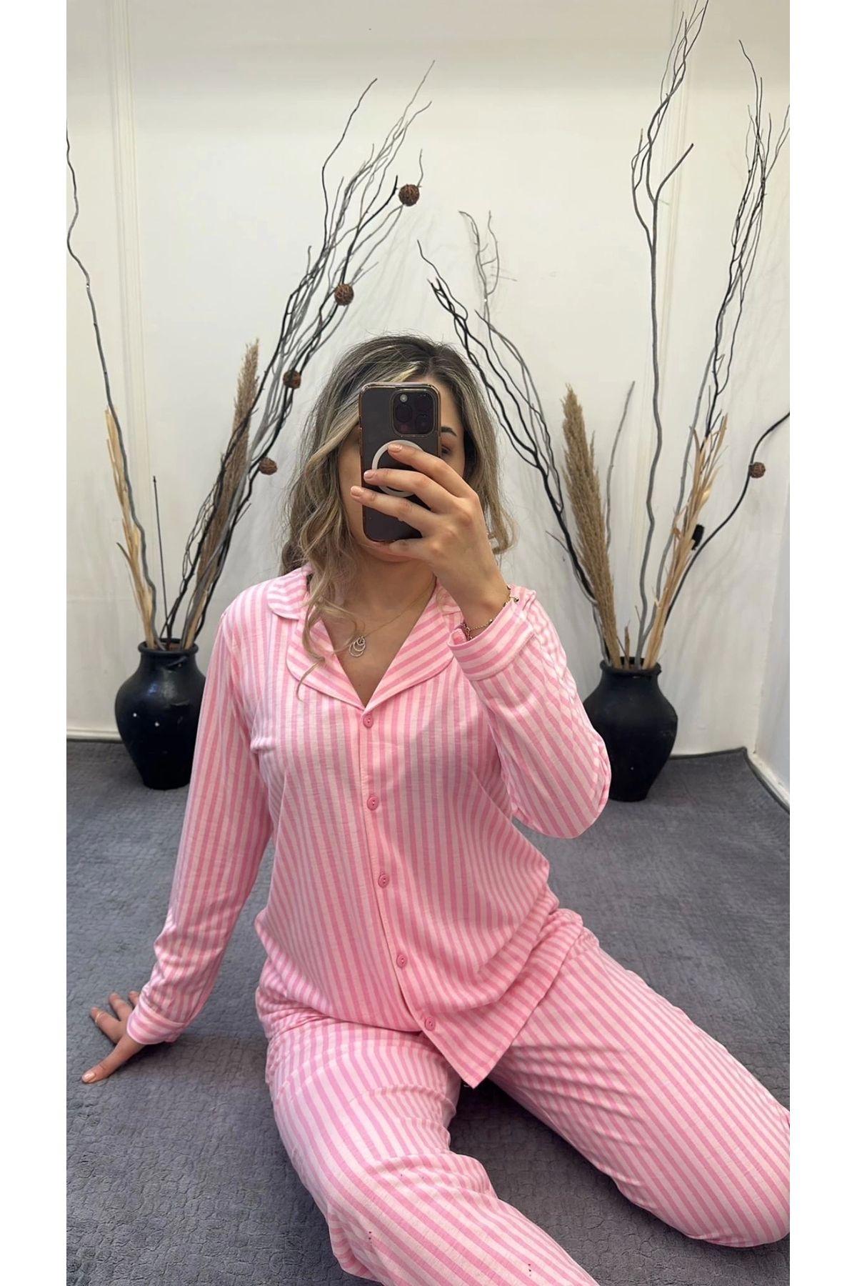 Moon wear Alissa 6193 Önü Düğmeli Çizgili Pijama Takımı