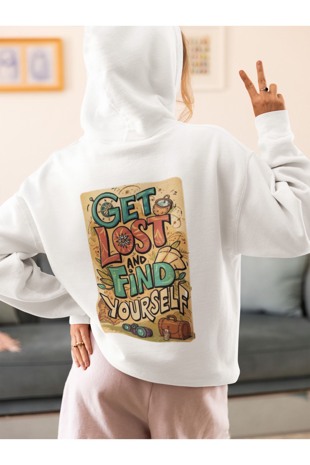 MAGORS GET LOST SIRT BASKILI PAMUKLU UZUN KOLLU ŞARDONLU 3 İPLİK KAPŞONLU SWEATSHIRT