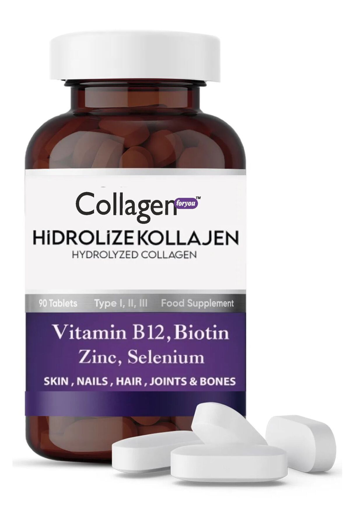 Collagen For You Biotin- Keratin-Çinko -Folik Asit-Selenium-Vit.B12 Hidrolize Kolajen 90 Tablet