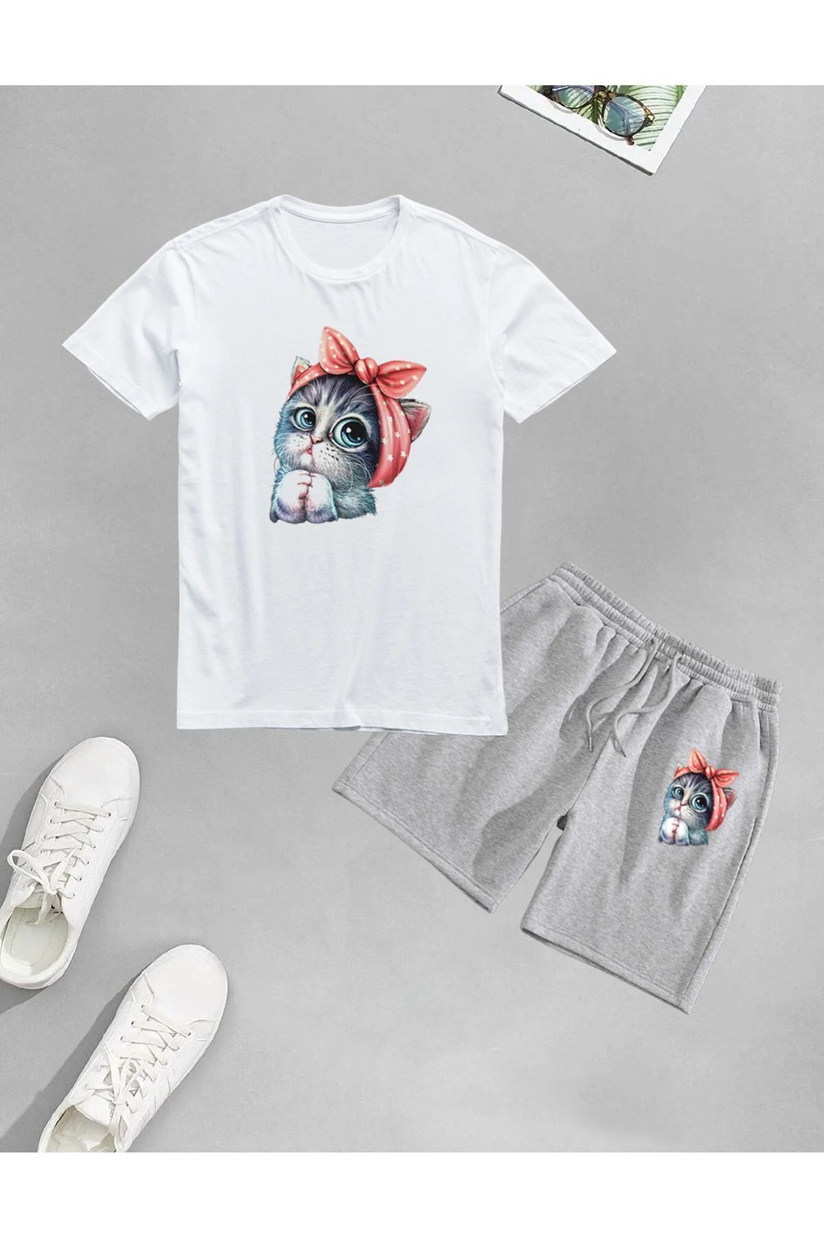 YOHO SPORT Lunavista Set De Tricouri Unisex Cute Little Cat Printed Shorts Unisex - S
