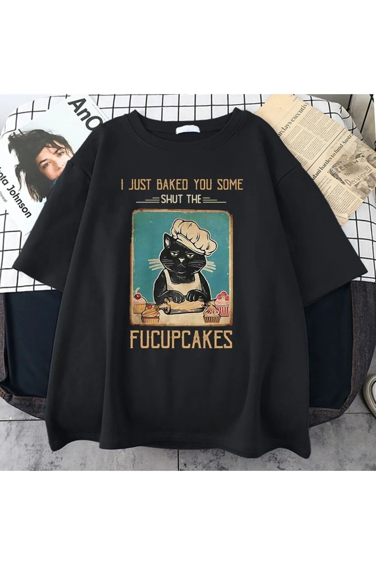 Baxia Kadın Beyaz Fucupcakes Baskılı Oversize Bisiklet Yaka Tshirt