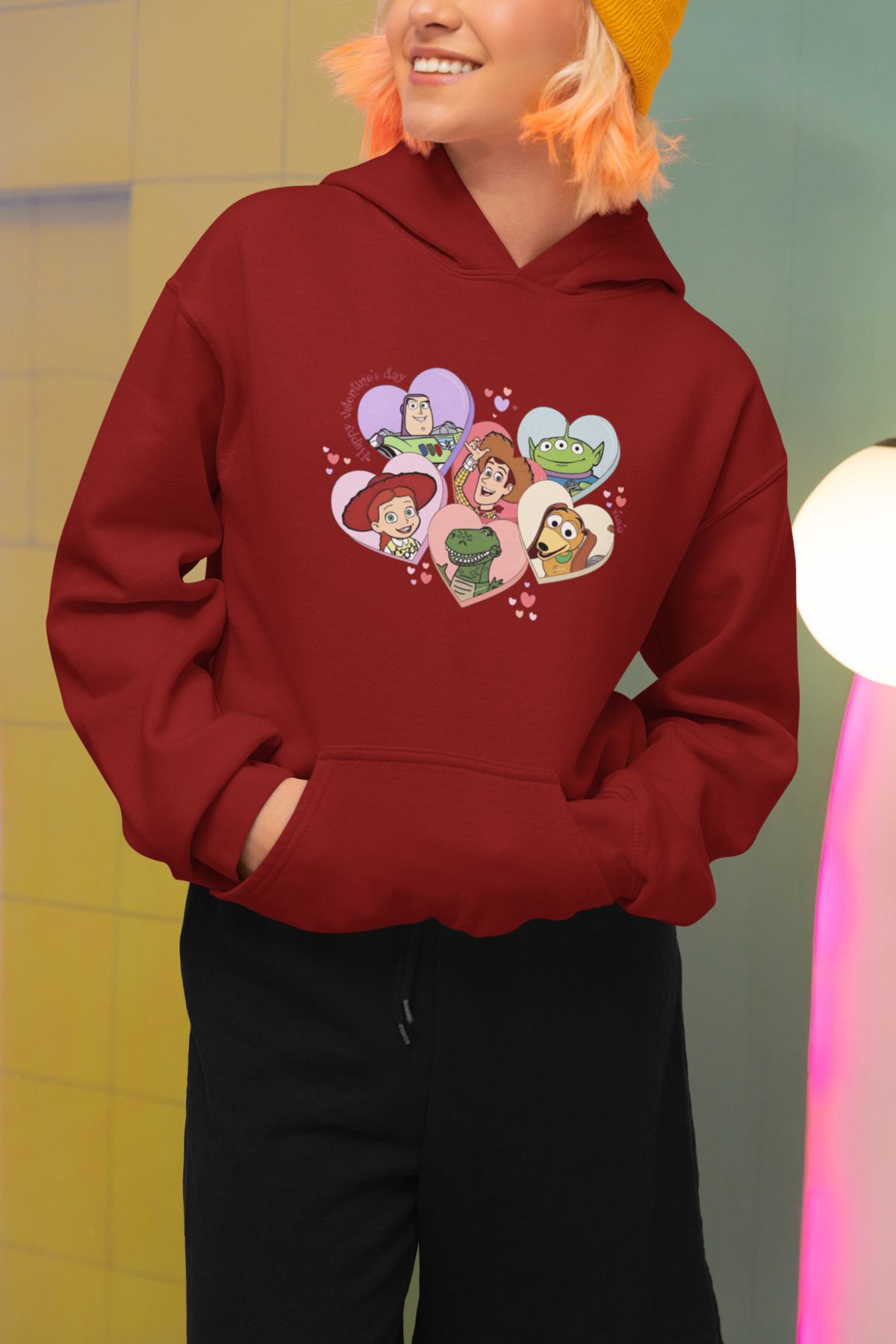 Alice Butik Kalpli Toy Story Oyuncak Hikayesi Ekip Baskılı Oversize Unisex Bordo Sweatshirt Hoodie