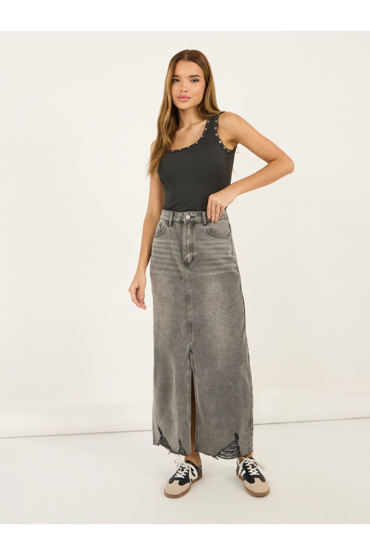 Styli-Ripped Hem Denim Maxi Skirt with Front Slit Detail 1