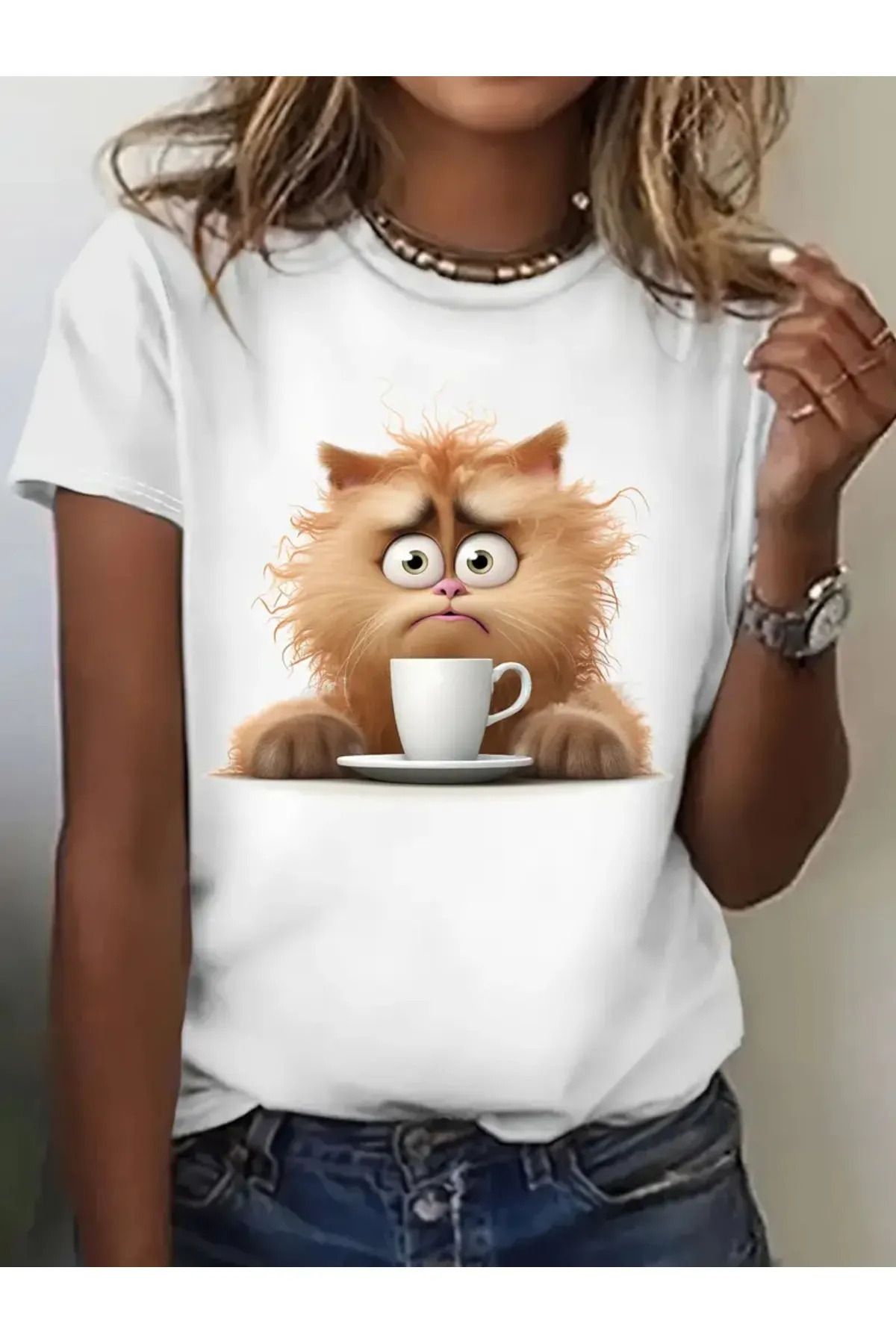 FECCY Pamuklu Şaşkın Kedi Baskılı T-shirt