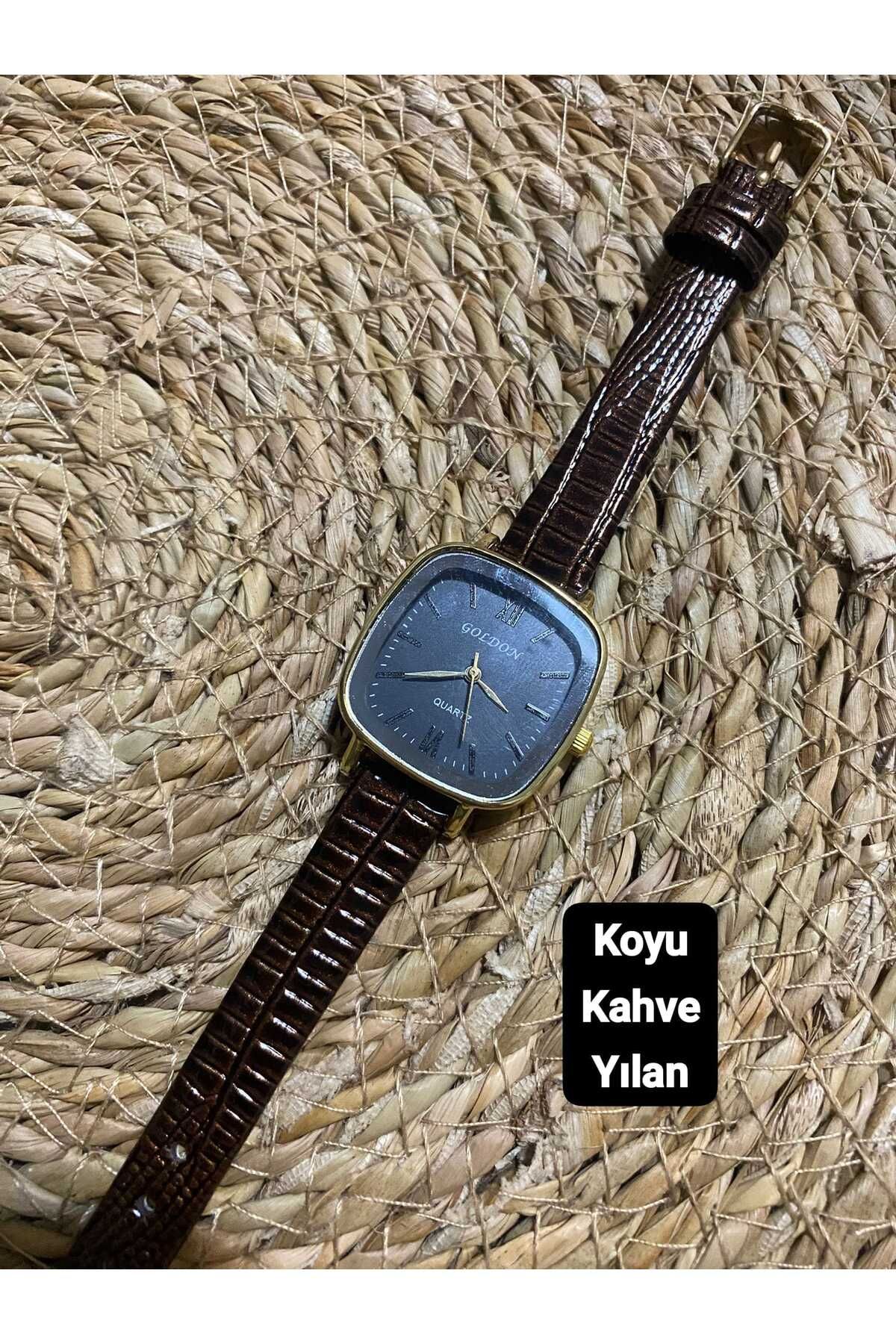 Brality Yeni Moda Vintage Oval Kare Kadın Kol Saati-Gold Kasa-Siyah Kadran Koyu Kahve Yılan-0087