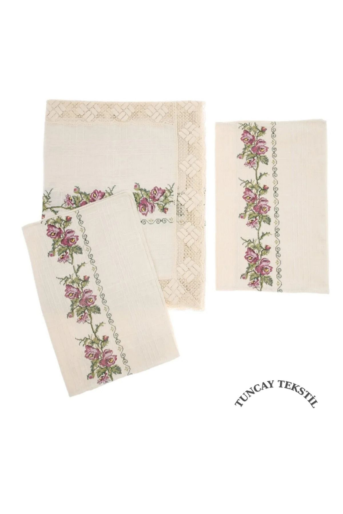 TUNCAY TEKSTİL-Cotton Lace Canvas Bedspread Set 3