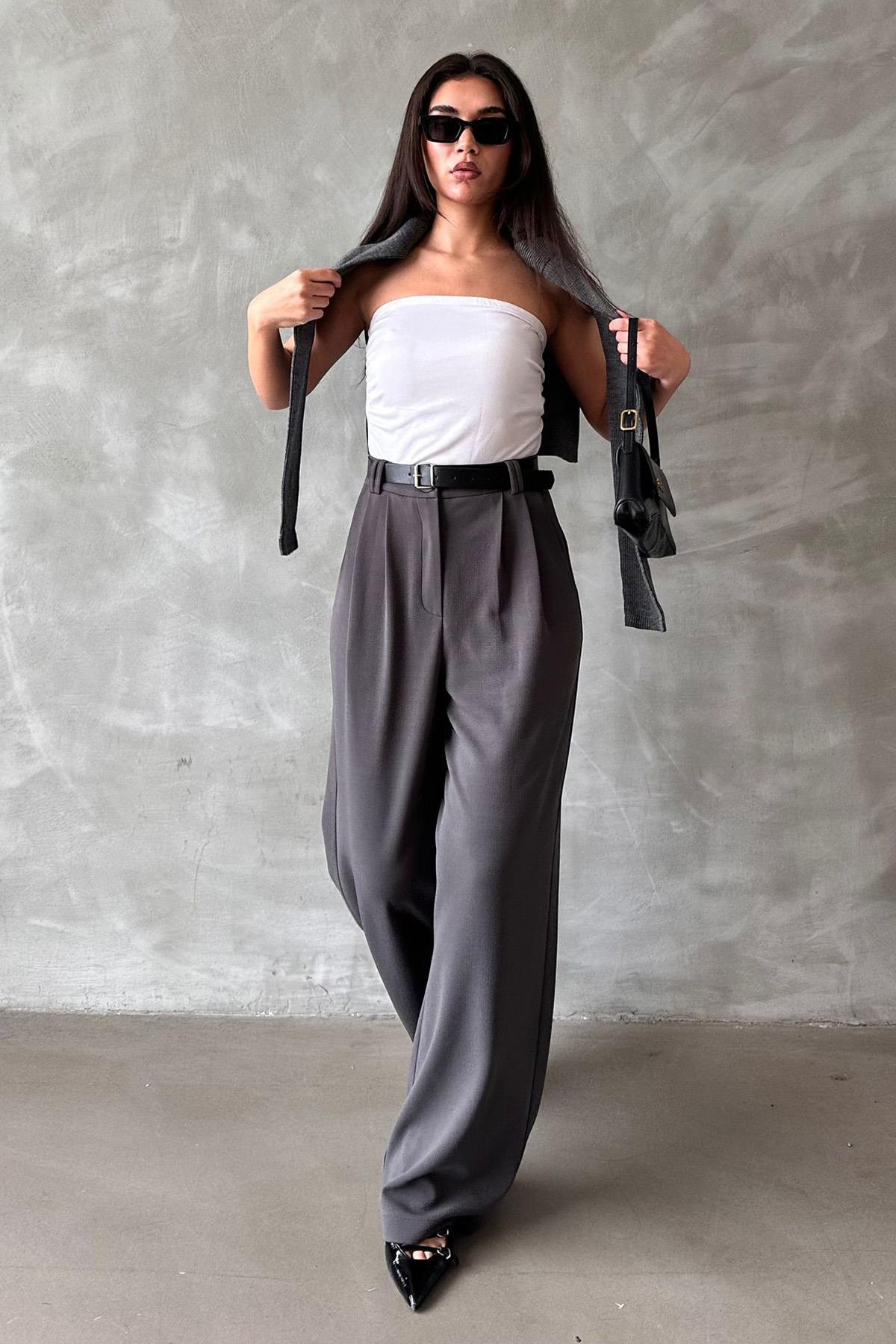 Madmext  Füme Çift Pileli Kemerli Pantolon Mg2330 - Görsel 5