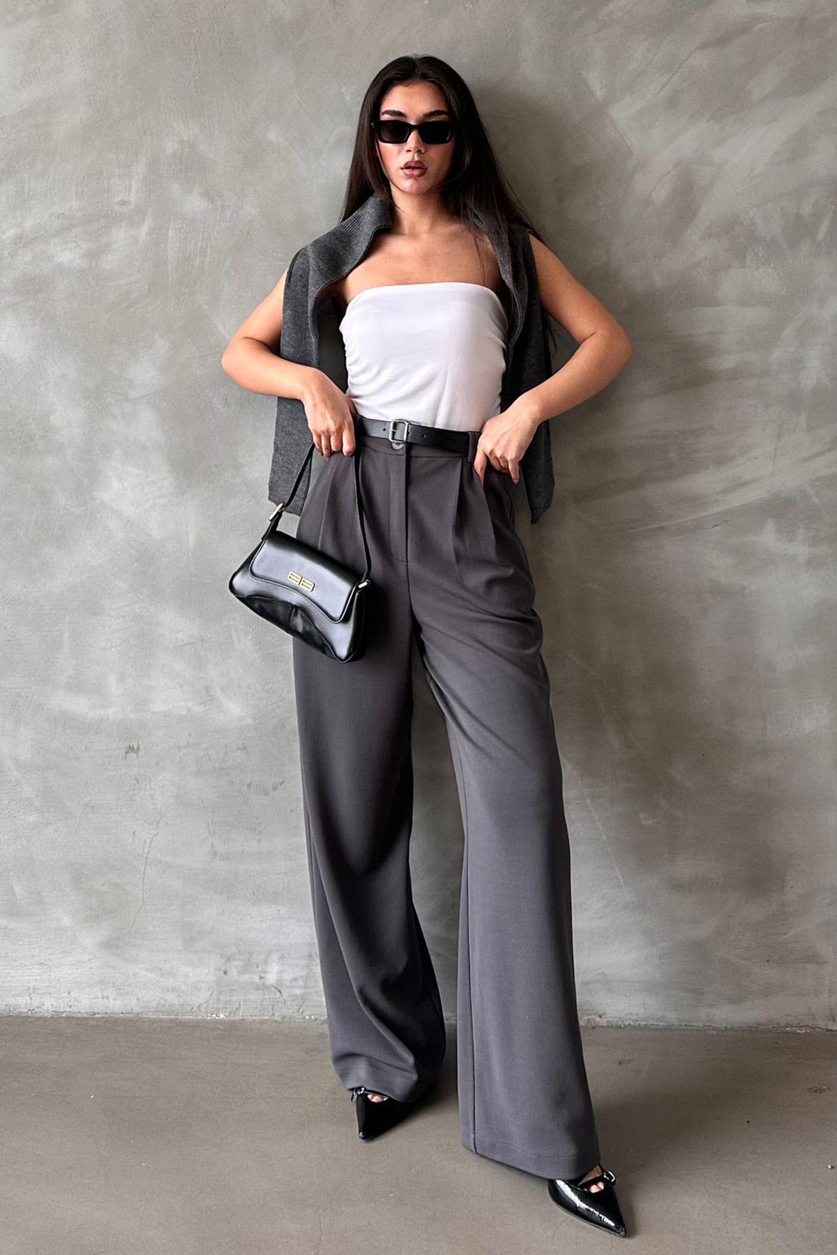 Madmext  Füme Çift Pileli Kemerli Pantolon Mg2330 - Görsel 4