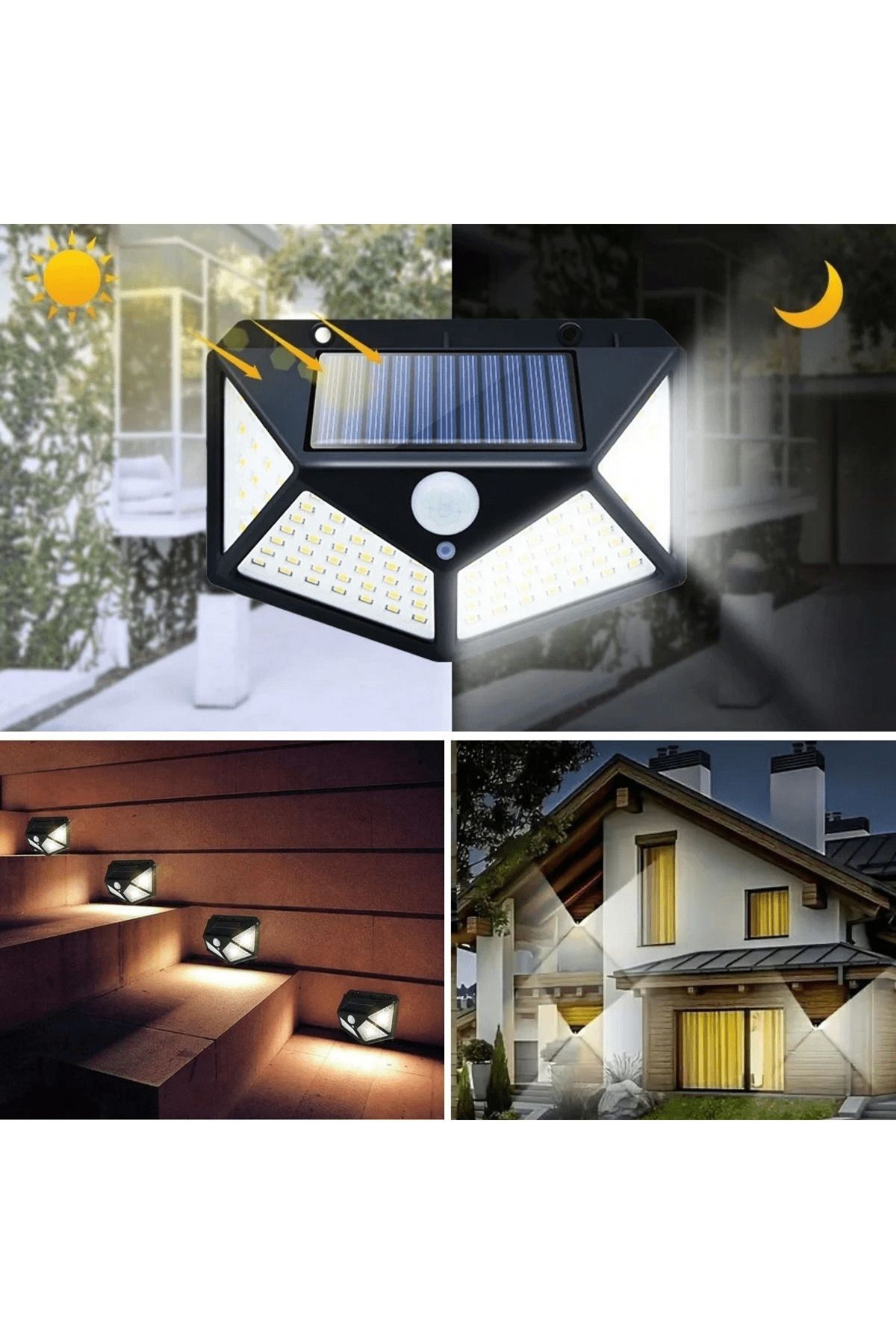 BEŞMİNARE 100Ledlli 3Farklı Aydınlatma Ayarlı Güneş Enerjili Sensörlü Bahçe Duvar Lambası ( Lisinya )