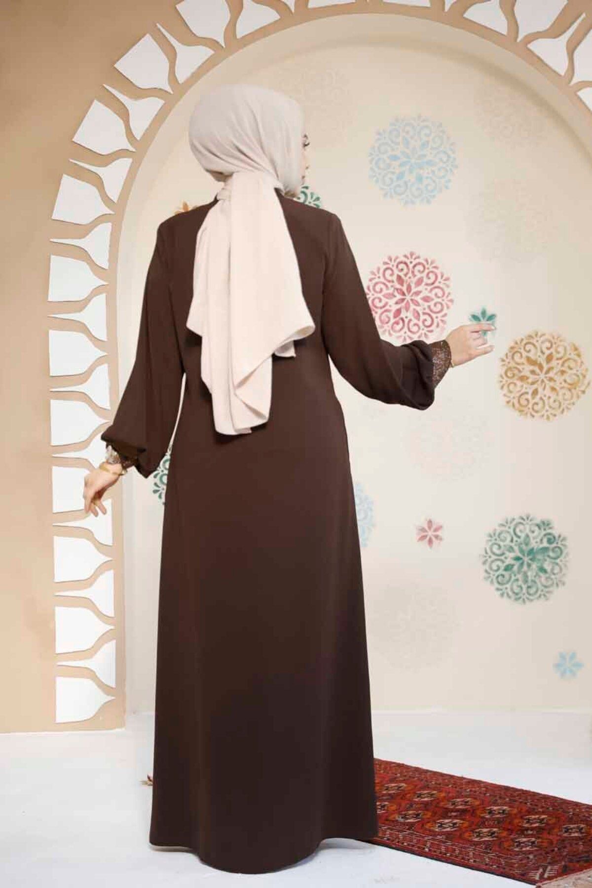 Neva Style-Brown Zippered Hijab Abaya - 35168Kh 4